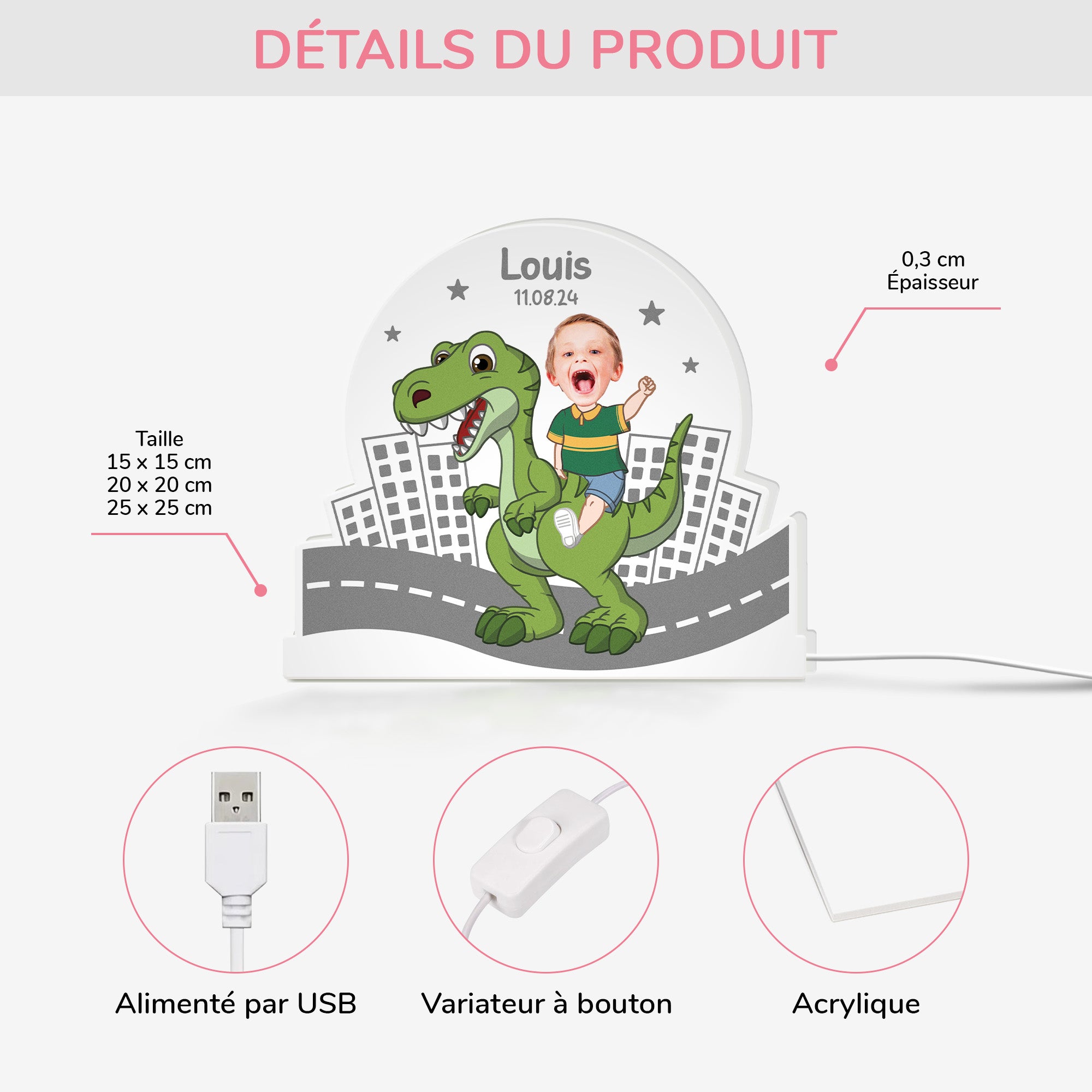 5257LFR3 lightbox personnalisable pour enfant avec visage et dinosaure 5257ltutk