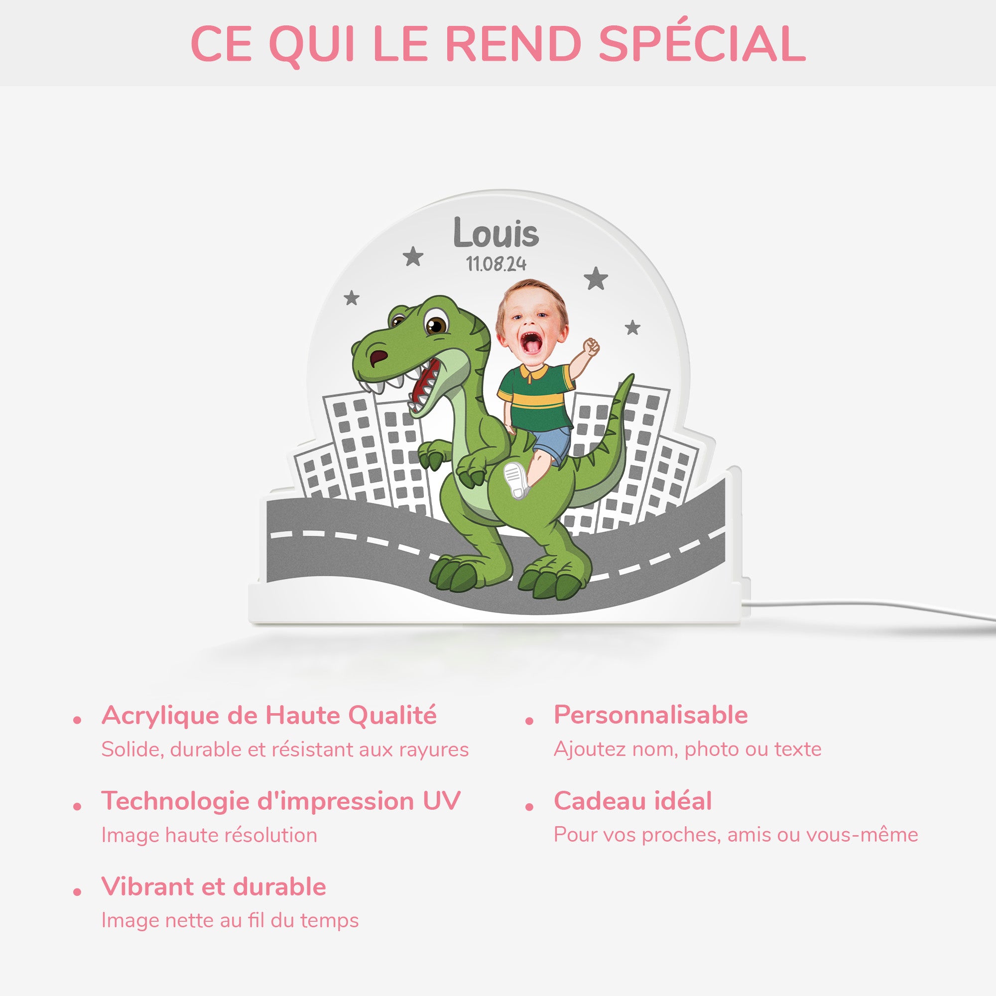5257LFR4 lightbox personnalisable pour enfant avec visage et dinosaure 5257ltutk