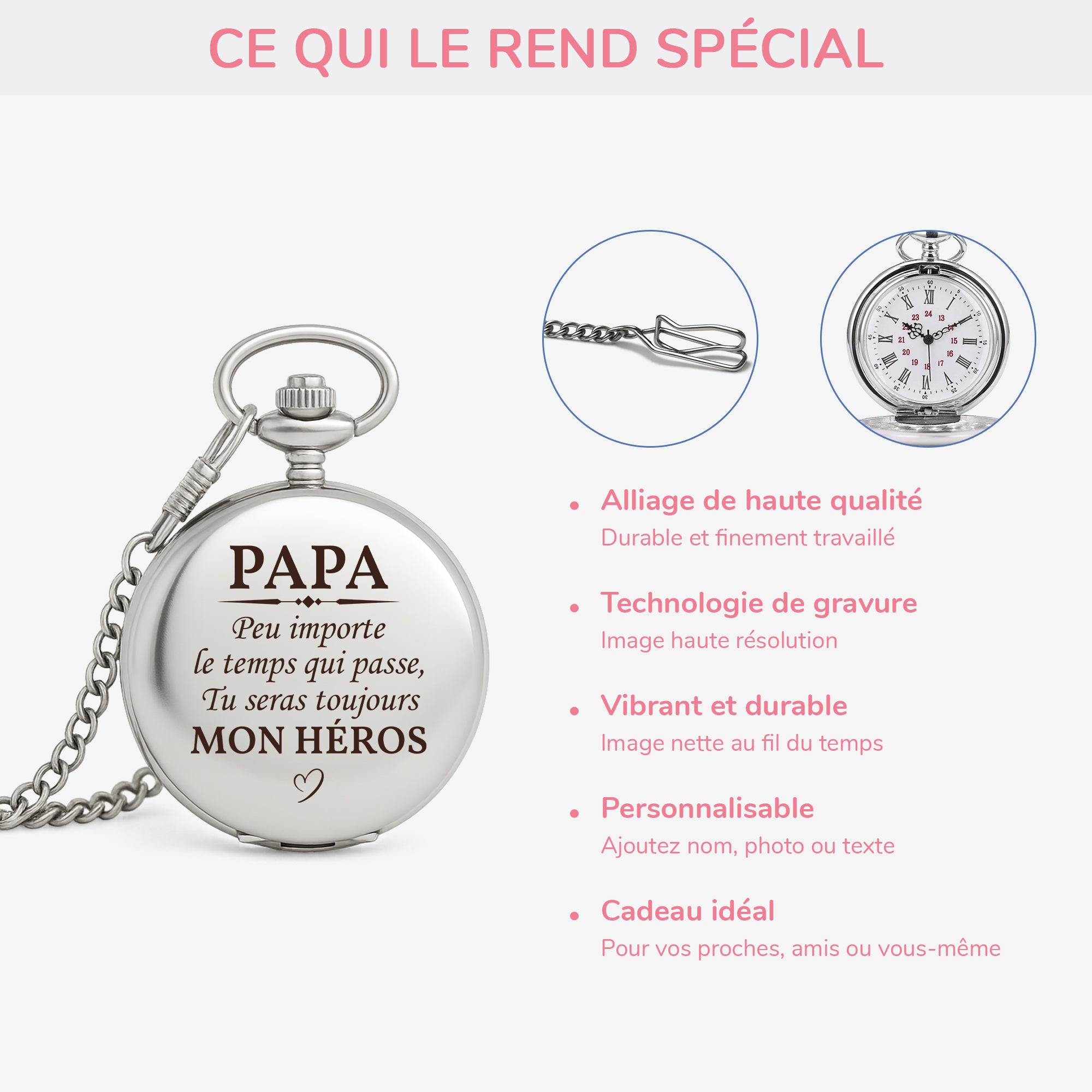 5258OFR4 montre de poche personnalisable papa toujours mon heros 5258o3qmb