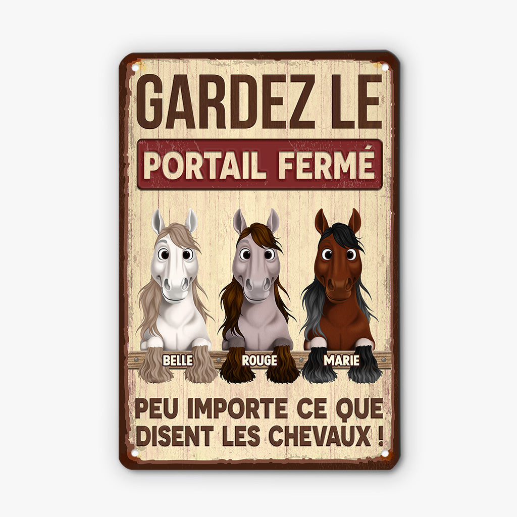 5308EFR1 plaque en metal personnalisee avec cheval gardez le portail ferme 5308e3vmu