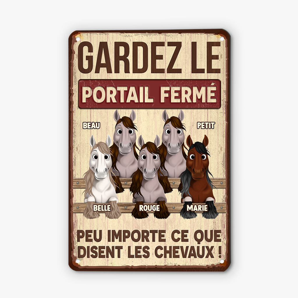 5308EFR2 plaque en metal personnalisee avec cheval gardez le portail ferme 5308e3vmu
