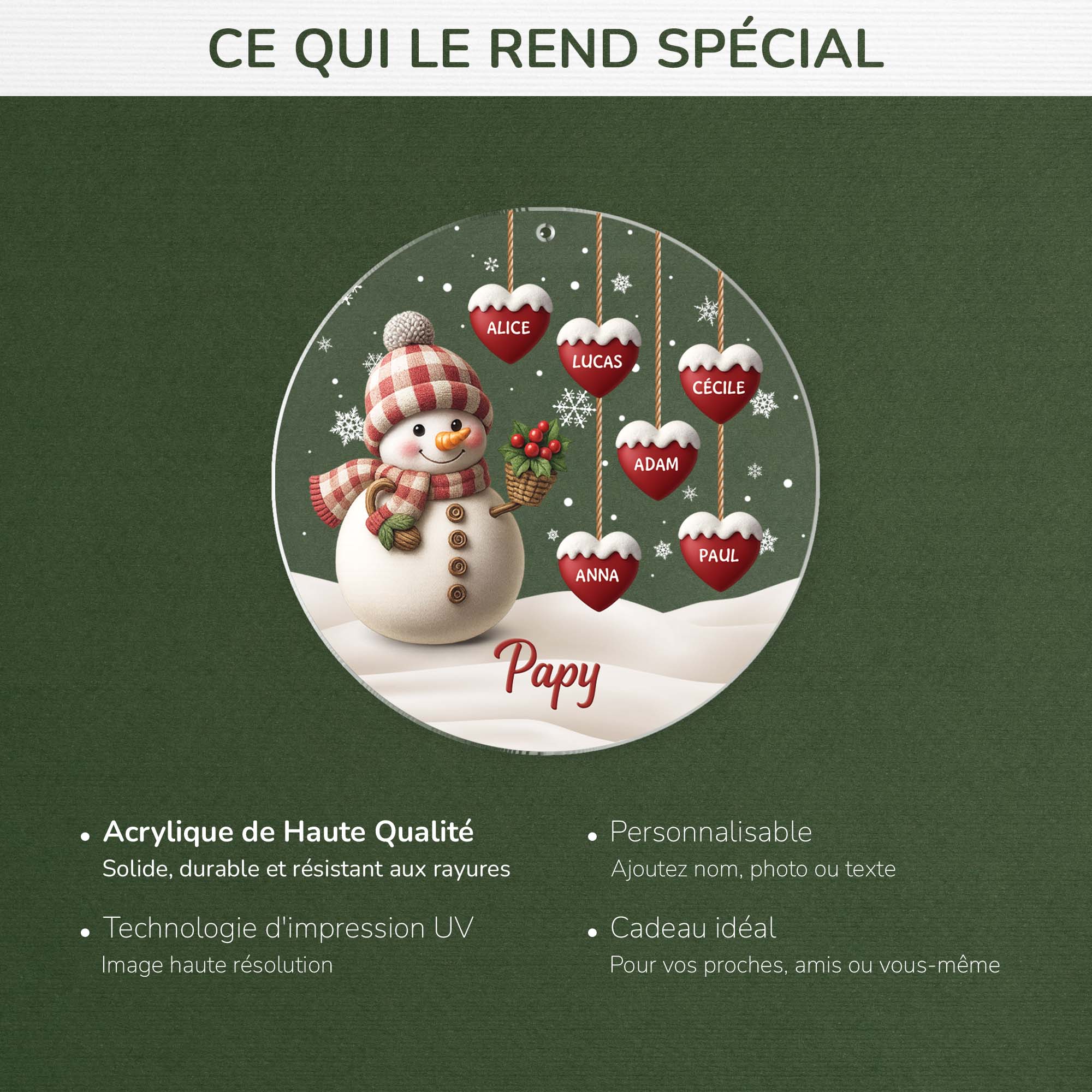 5349OFR4 orement noel en acrylique personnalise mamie bonhomme de neige avec coeurs rouges 5349o8lna