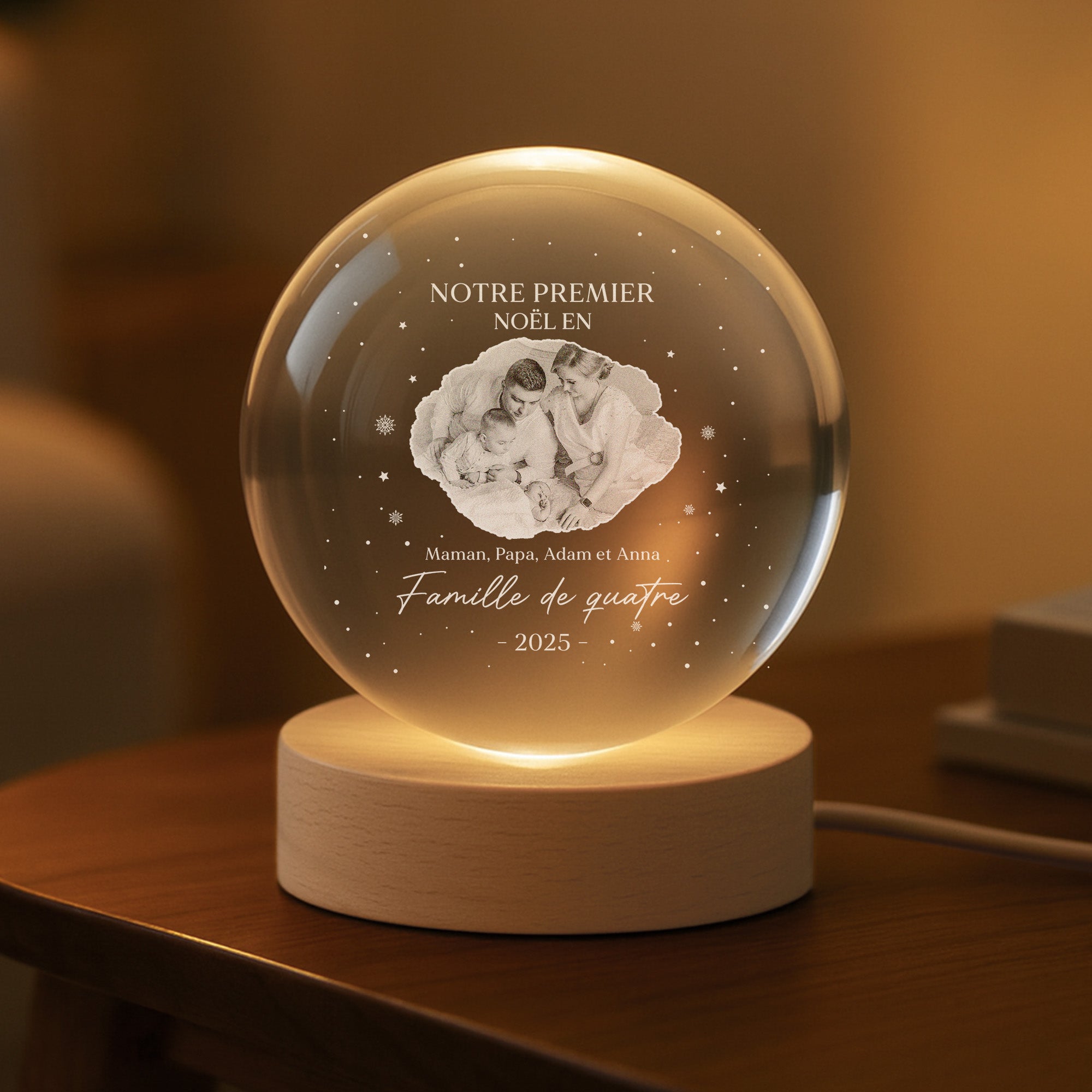 Veilleuse Boule De Cristal 3D Personnalisée Couple - Rose Éternelle Veilleuse Boule De Cristal 3D Personnalisée Couple - Rose Éternelle