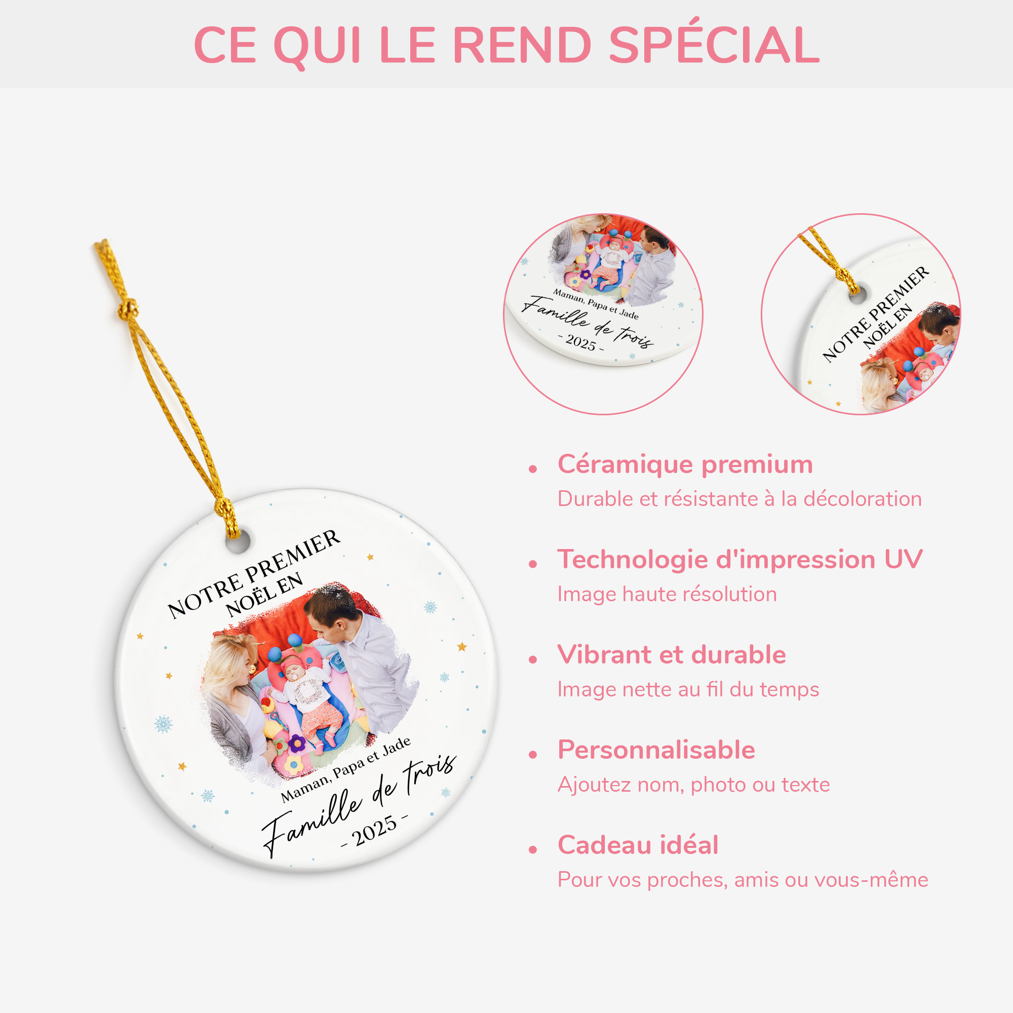 5350OFR4 ornement noel ceramique personnalise avec photo notre premier noel en famille de trois 5350oku5i