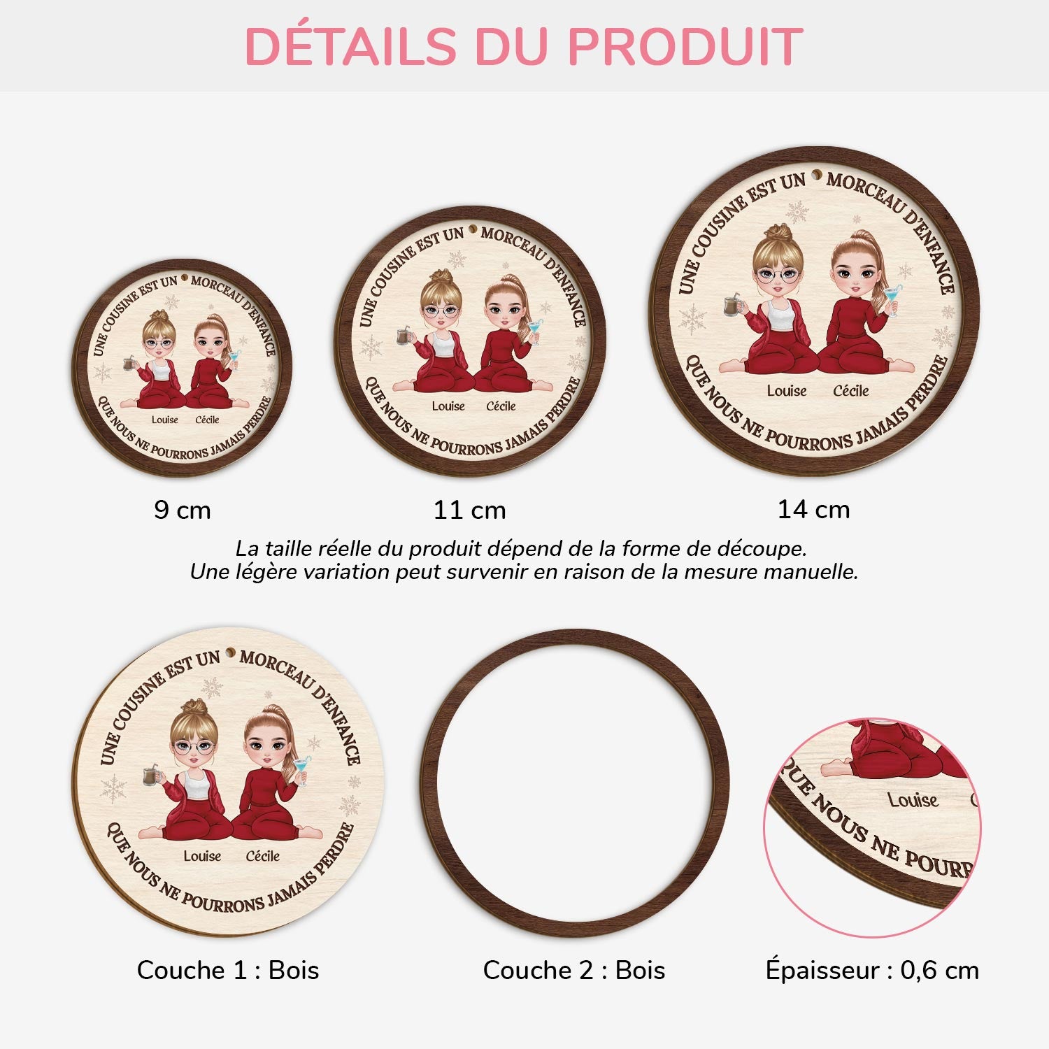 5422OFR3 ornement noel en bois a 2 couches personnalise une cousine est un morceau d_enfance 5422o6taf