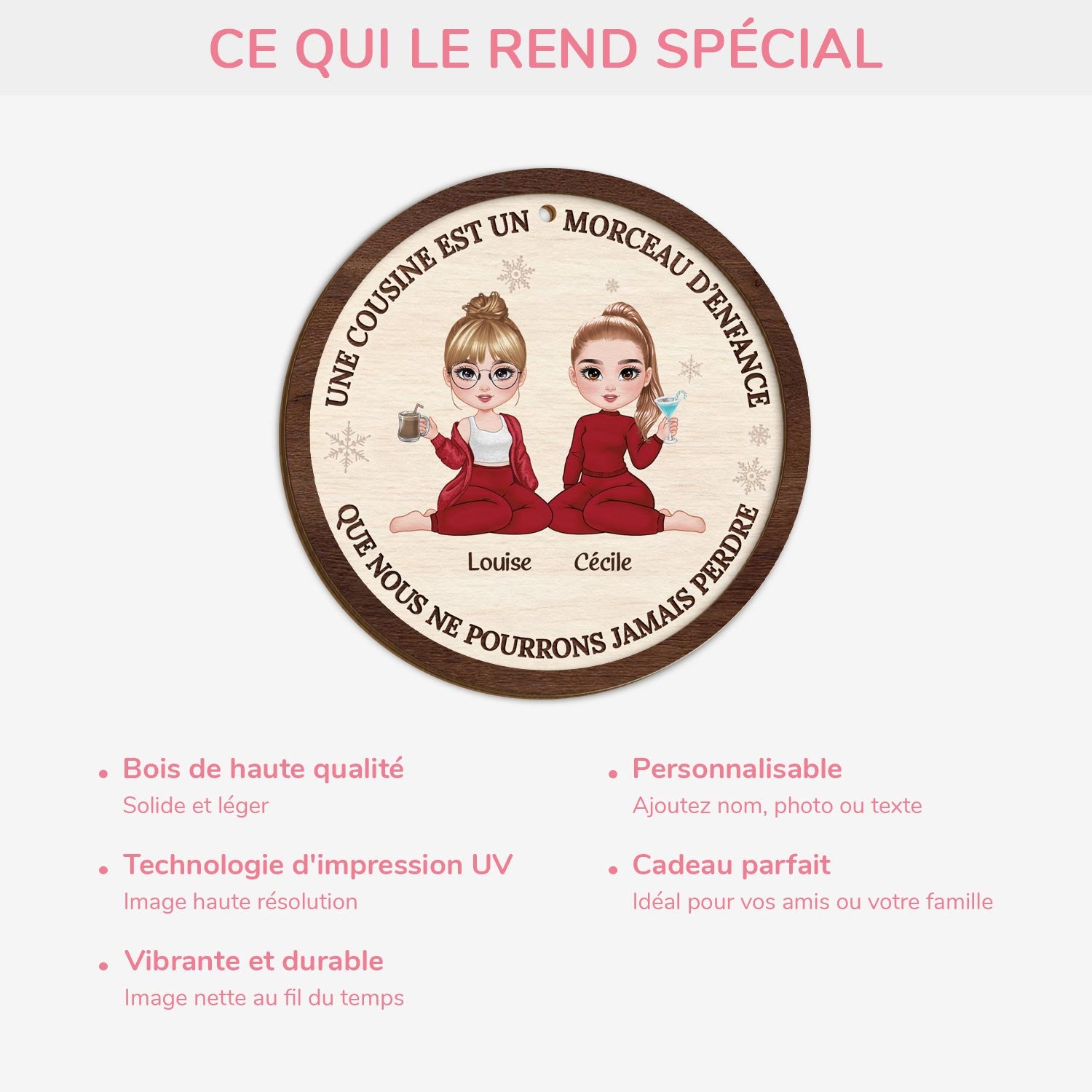 5422OFR4 ornement noel en bois a 2 couches personnalise une cousine est un morceau d_enfance 5422o6taf