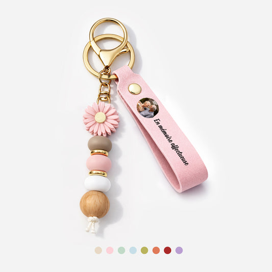 5482MFR1 porte cles personnalise marguerite en perles avec photo imprime uv souvenir de couple 5482mjtpcg