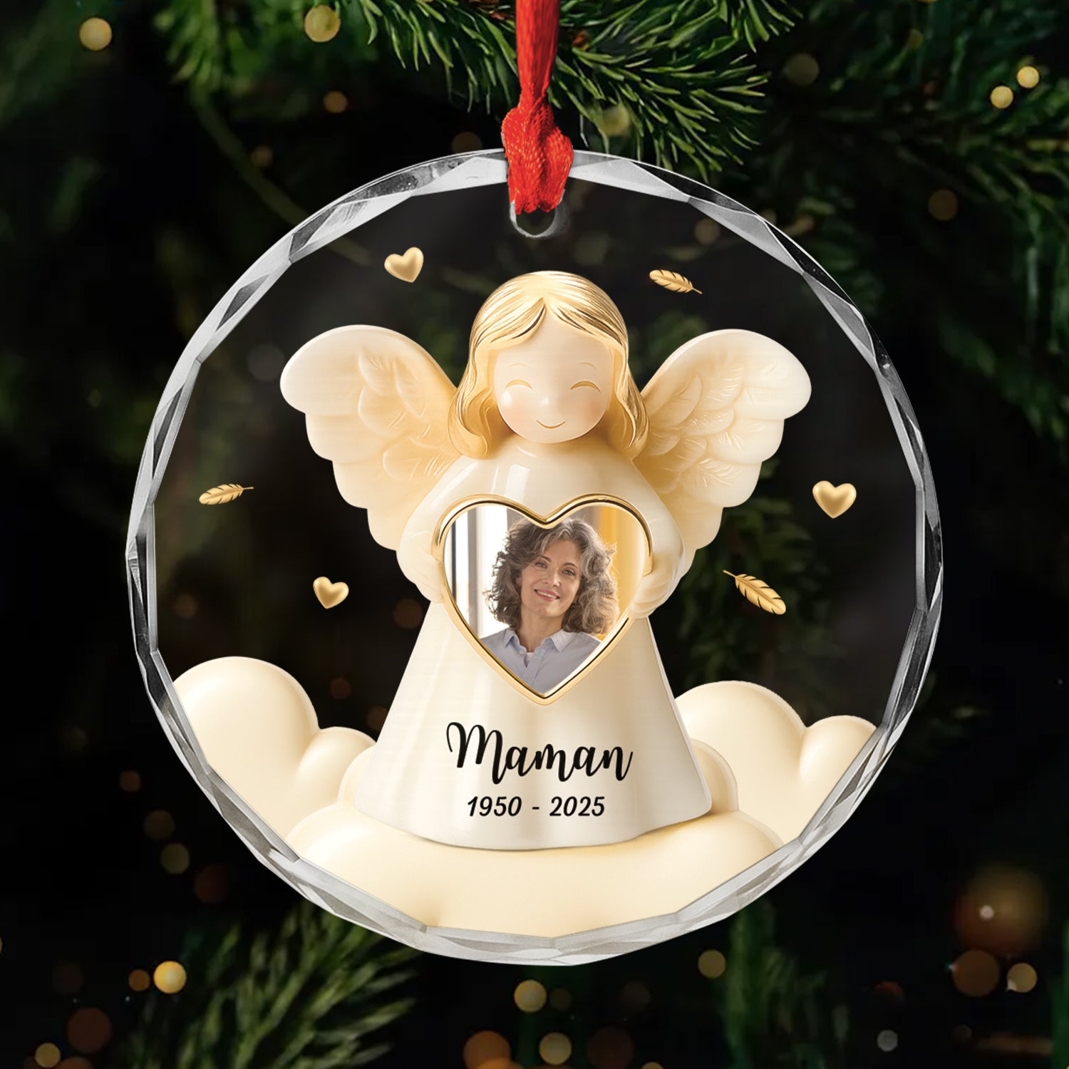 5489OFR1 ornement noel en verre maman commemoratif personnalise avec photo ange avec coeur 5489o6qna