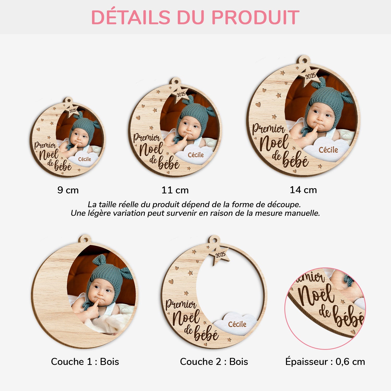 5493OFR3 ornement noel en bois a 2 couches personnalise avec photo premier noel de bebe 5493o6lqa