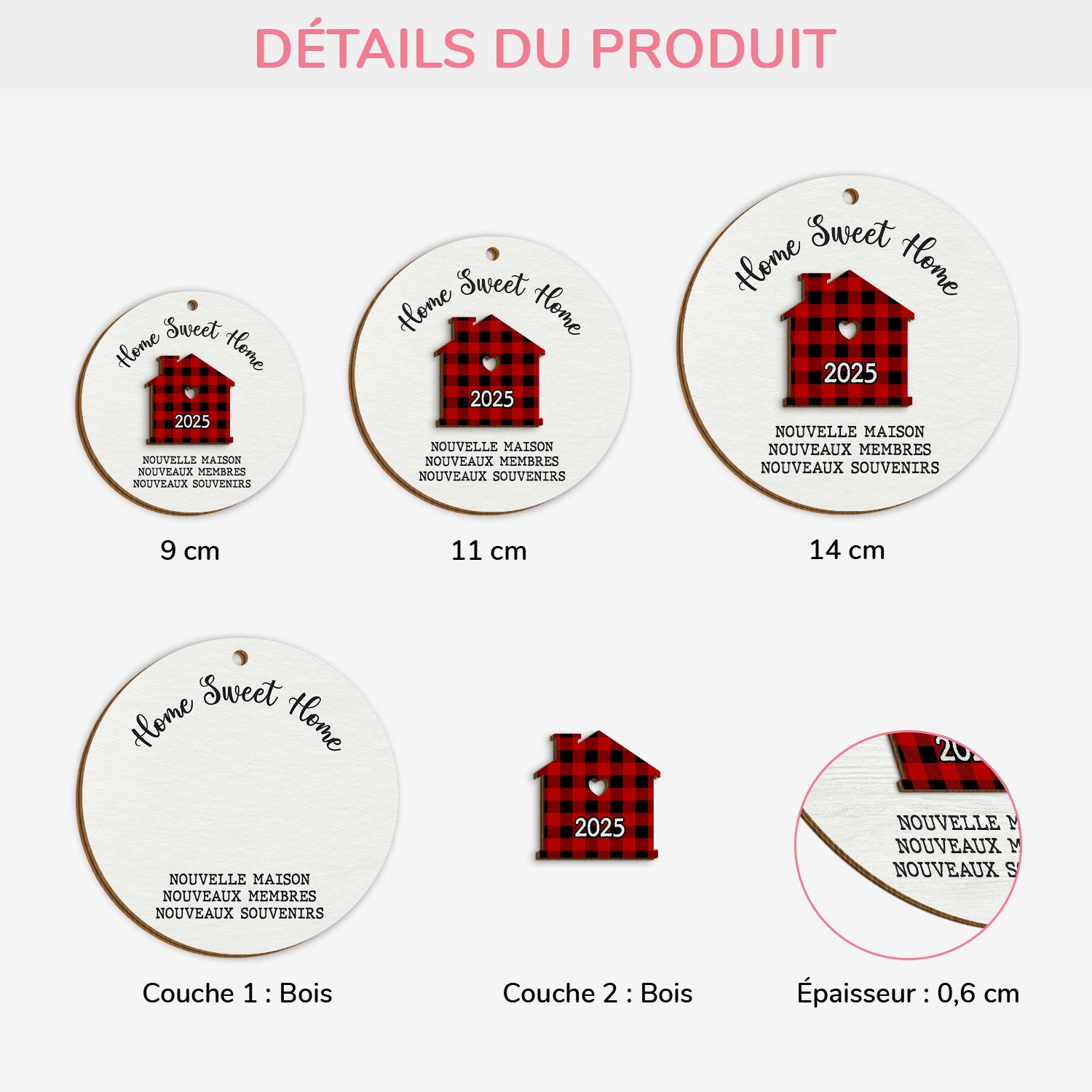 5499QFR3 ornement noel en bois a 2 couches personnalise famille home sweet home blanc et noir 5499q6tai