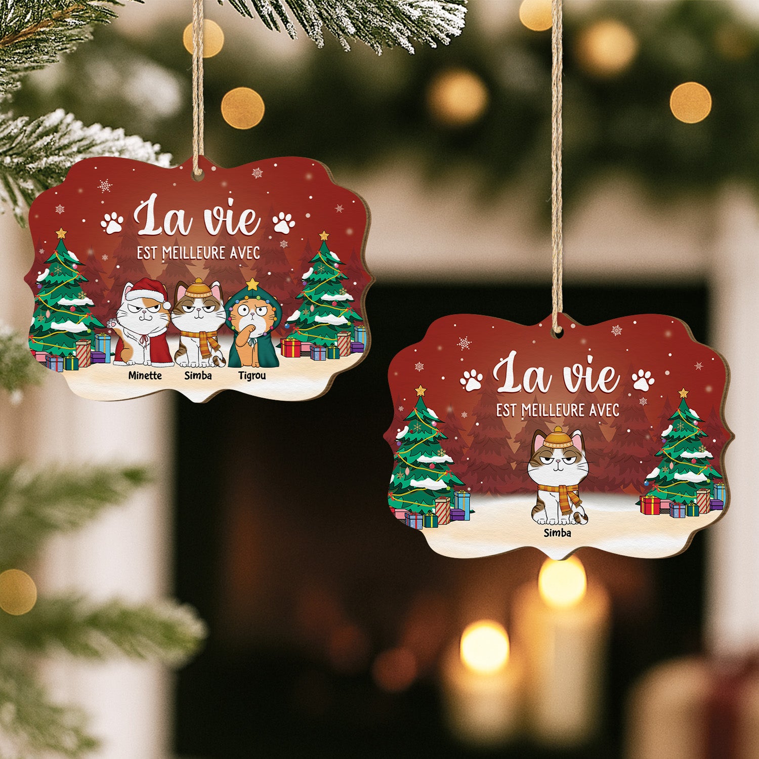5511OFR2 ornement noel en bois a 2 couches personnalise la vie est meilleure avec un chat 5511otlmd
