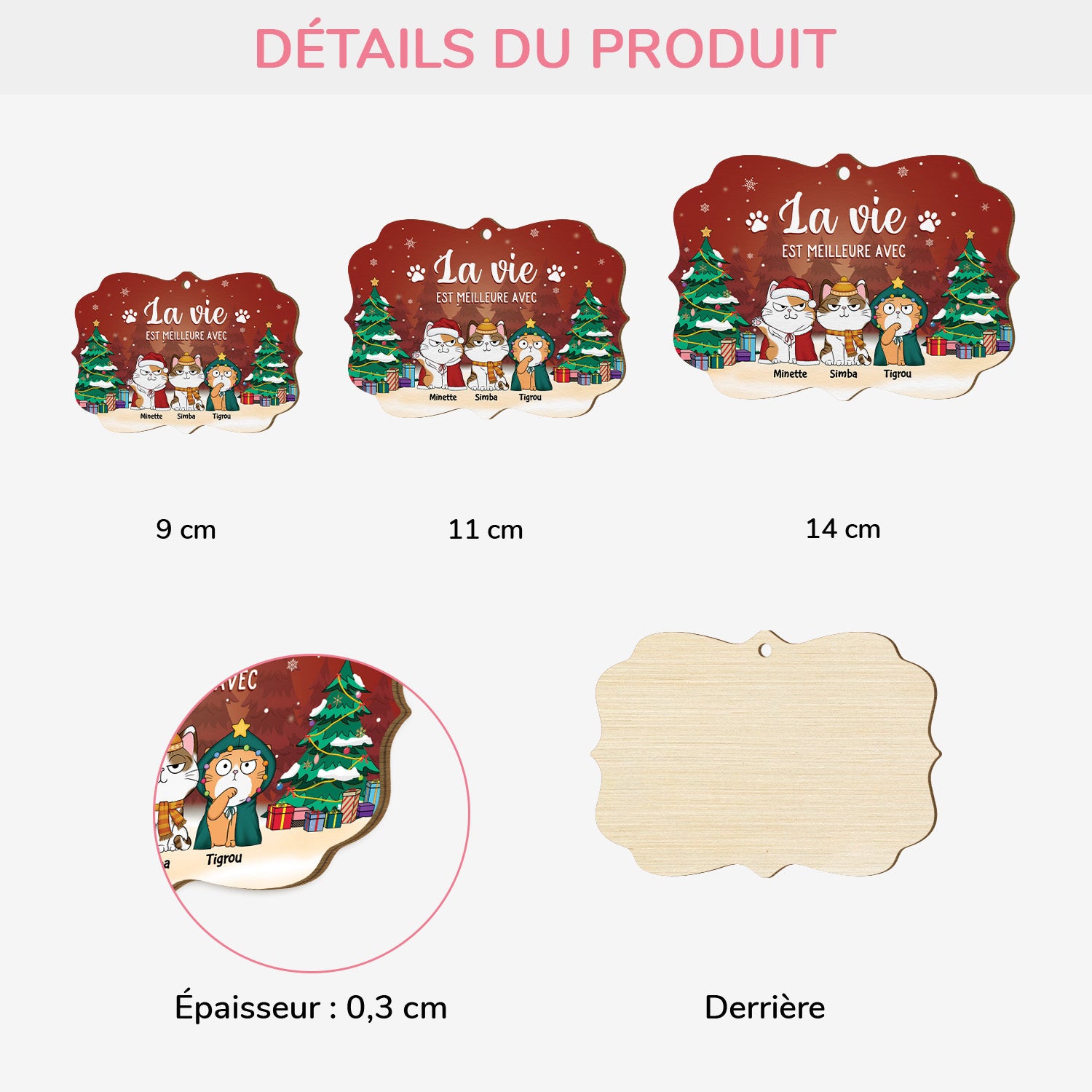 5511OFR3 ornement noel en bois a 2 couches personnalise la vie est meilleure avec un chat 5511otlmd