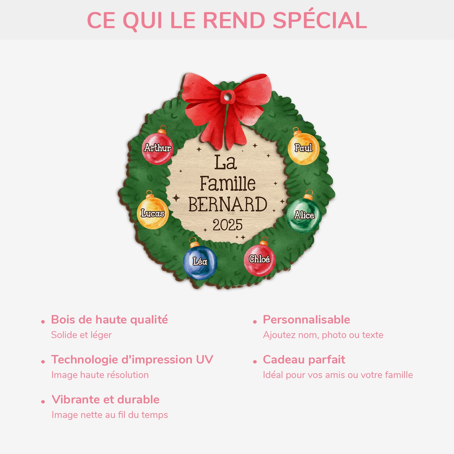 5513OFR4 ornement noel en bois a 2 couches personnalise famille notre couronne de noel 5513othai