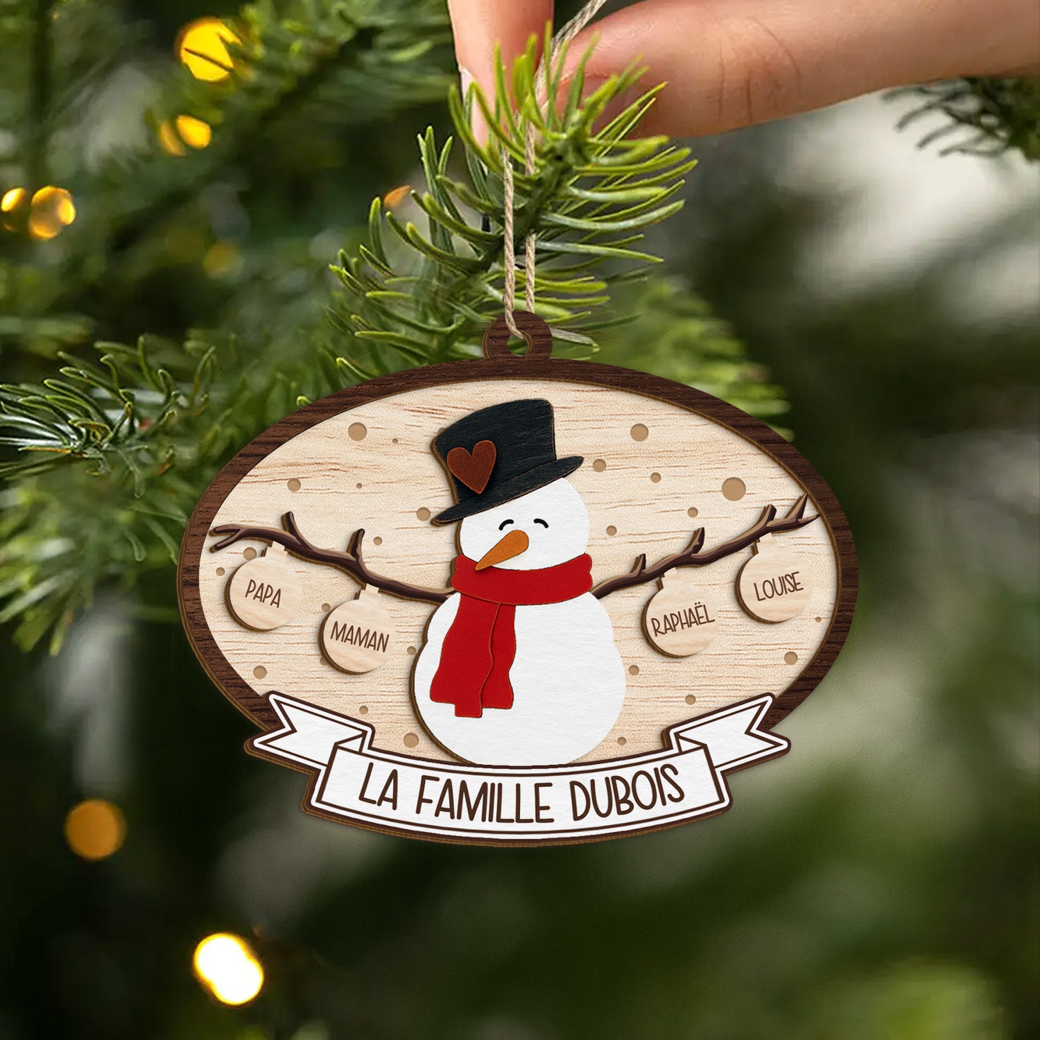 5521OFR2 ornement noel en bois a 2 couches personnalise famille notre bonhomme de neige 5521ottqi