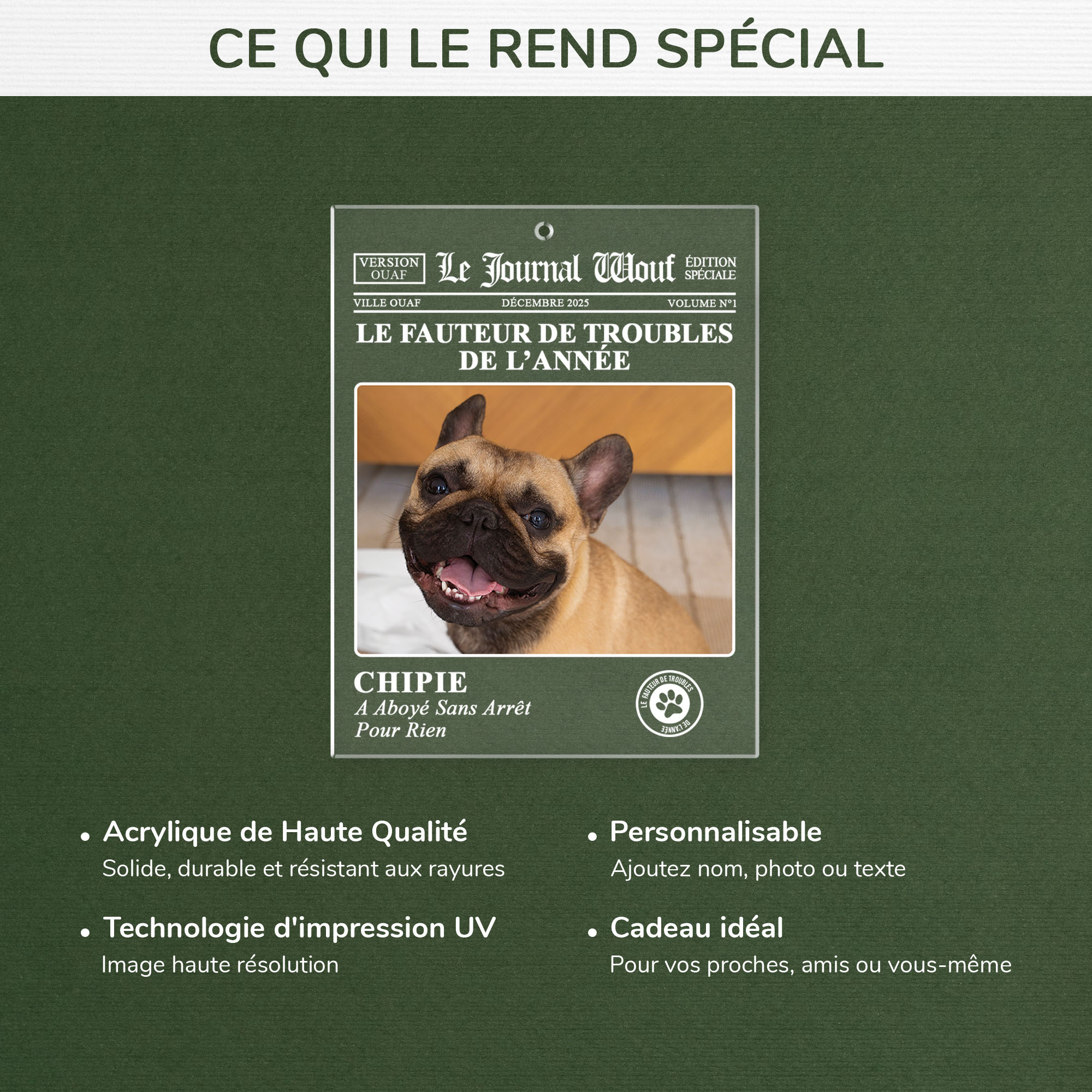 5560OFR4 ornement en acrylique personnalise chien avec photo le journal wouf 5560ottqc