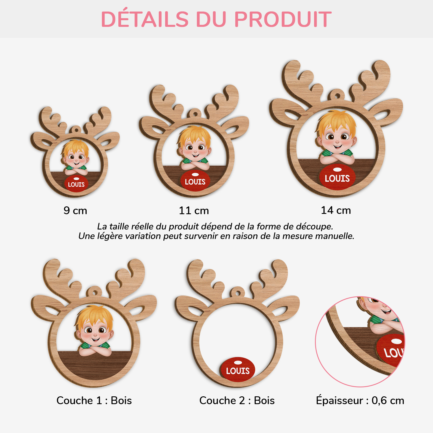 5593OFR3 ornement en bois a 2 couches personnalise le renne au nez rouge avec enfant 5593okkzk