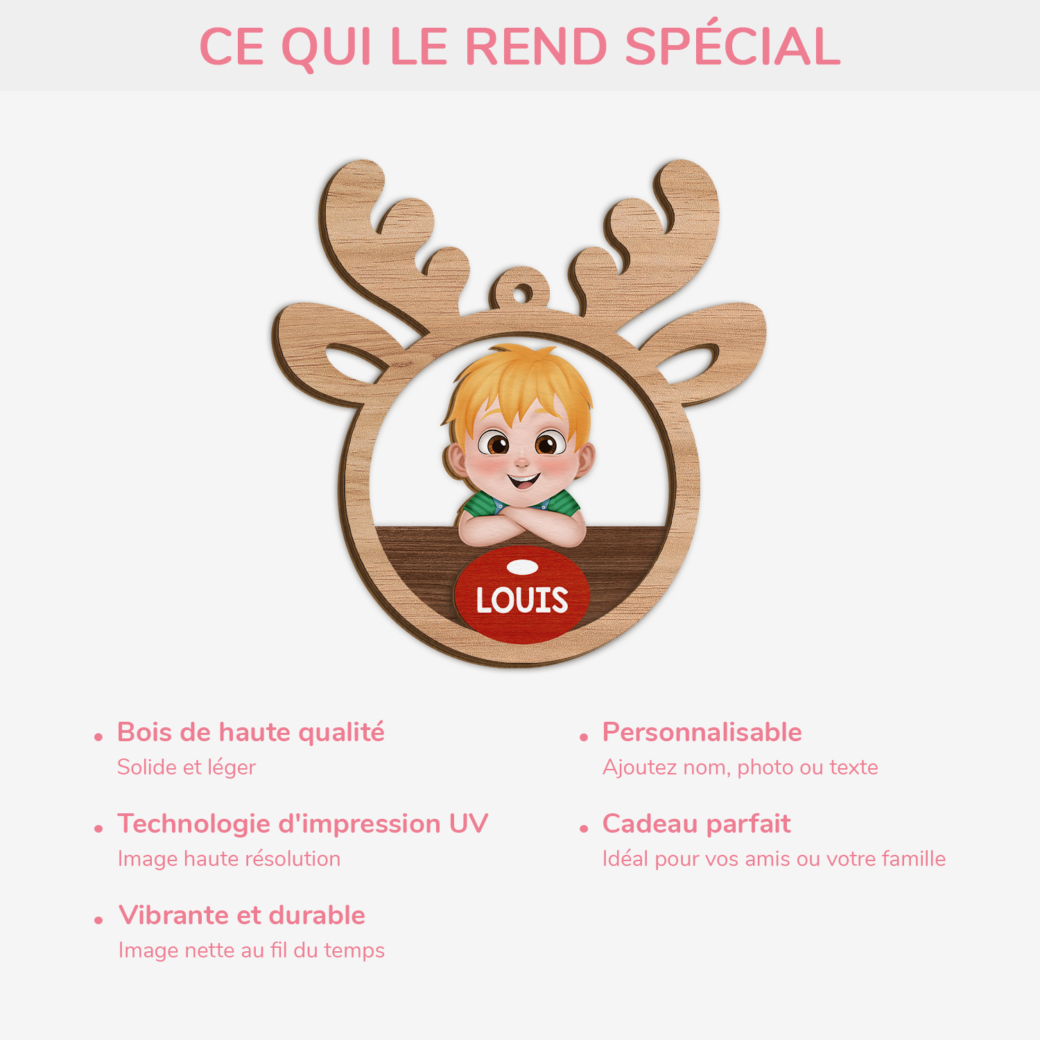 5593OFR4 ornement en bois a 2 couches personnalise le renne au nez rouge avec enfant 5593okkzk