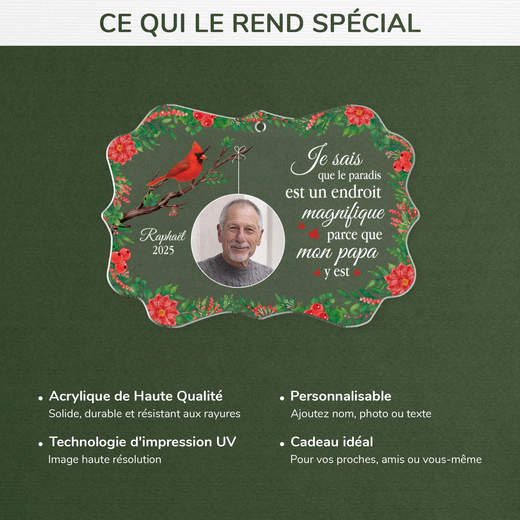 5603OFR4 ornement en acrylique commemoratif personnalise avec photo le paradis est beau parce que mon papa y est 5603o8vnb