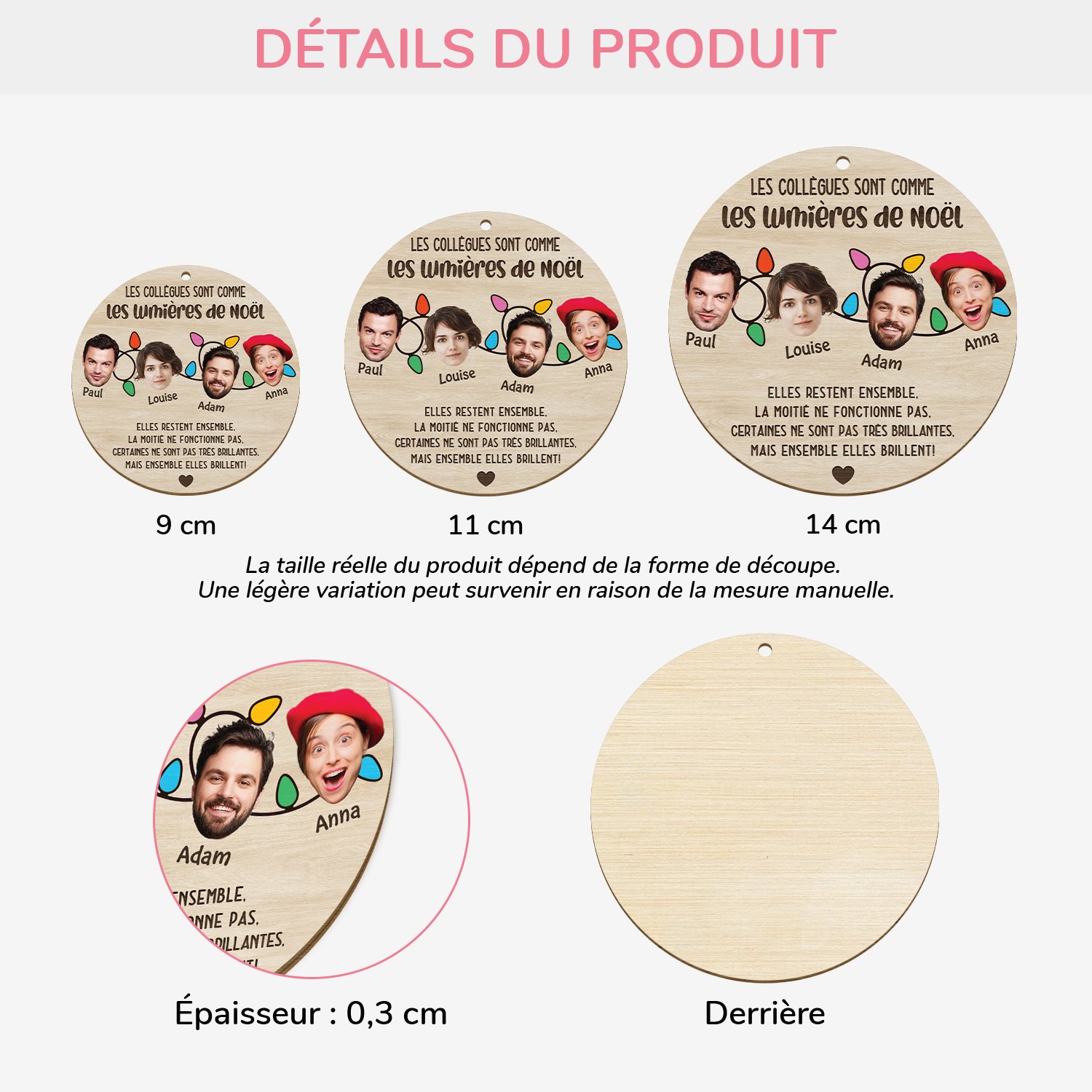 5609OFR3 ornement en bois a 1 couche personnalise avec visage collegues comme les lumieres de noel 5609otqzo