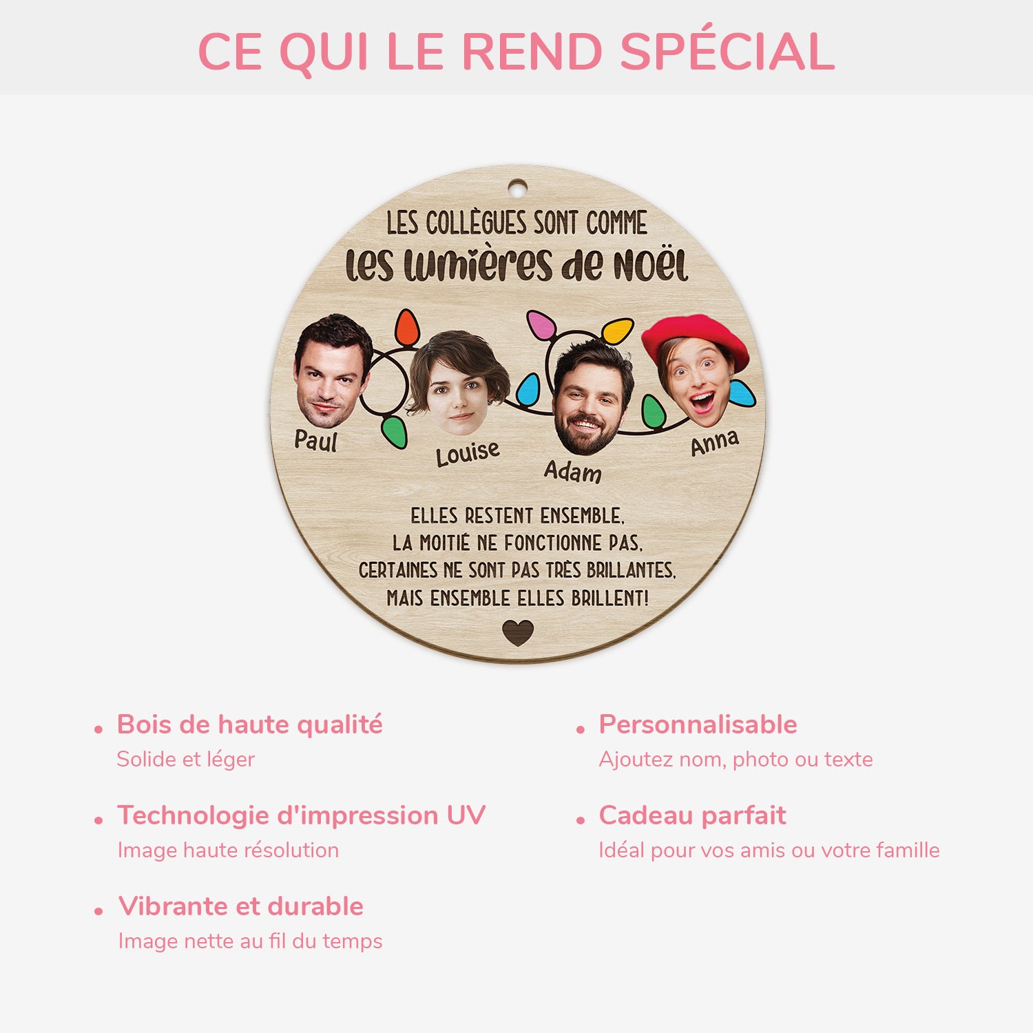 5609OFR4 ornement en bois a 1 couche personnalise avec visage collegues comme les lumieres de noel 5609otqzo