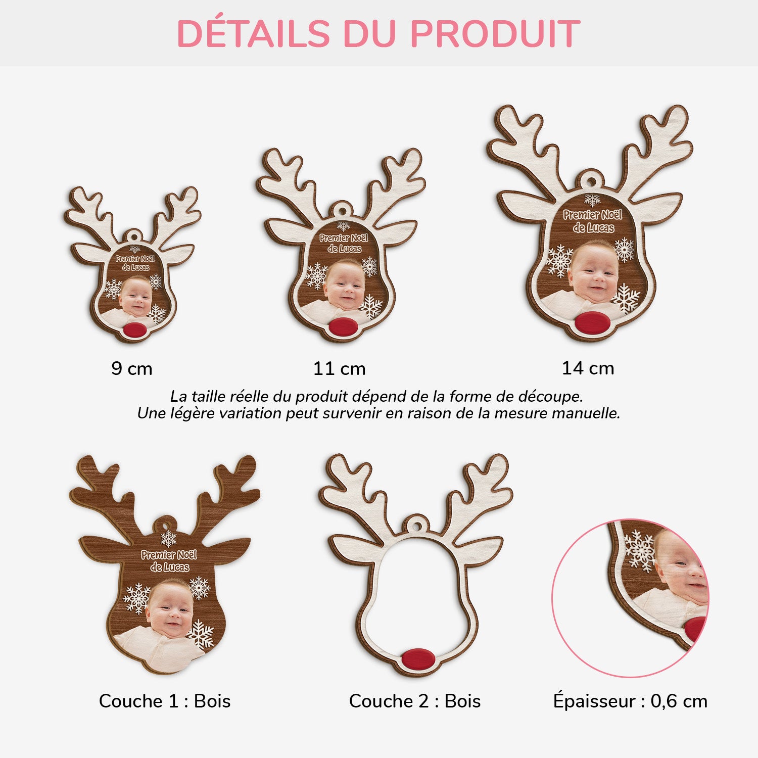 5615OFR3 ornement en bois a 2 couches personnalise enfant avec photo premier noel renne au nez 5615okmna