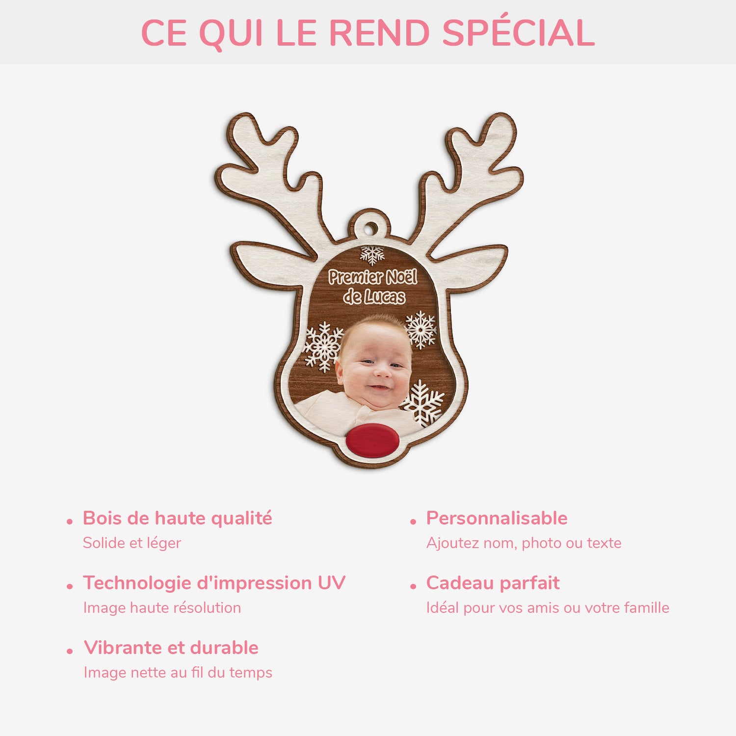 5615OFR4 ornement en bois a 2 couches personnalise enfant avec photo premier noel renne au nez 5615okmna