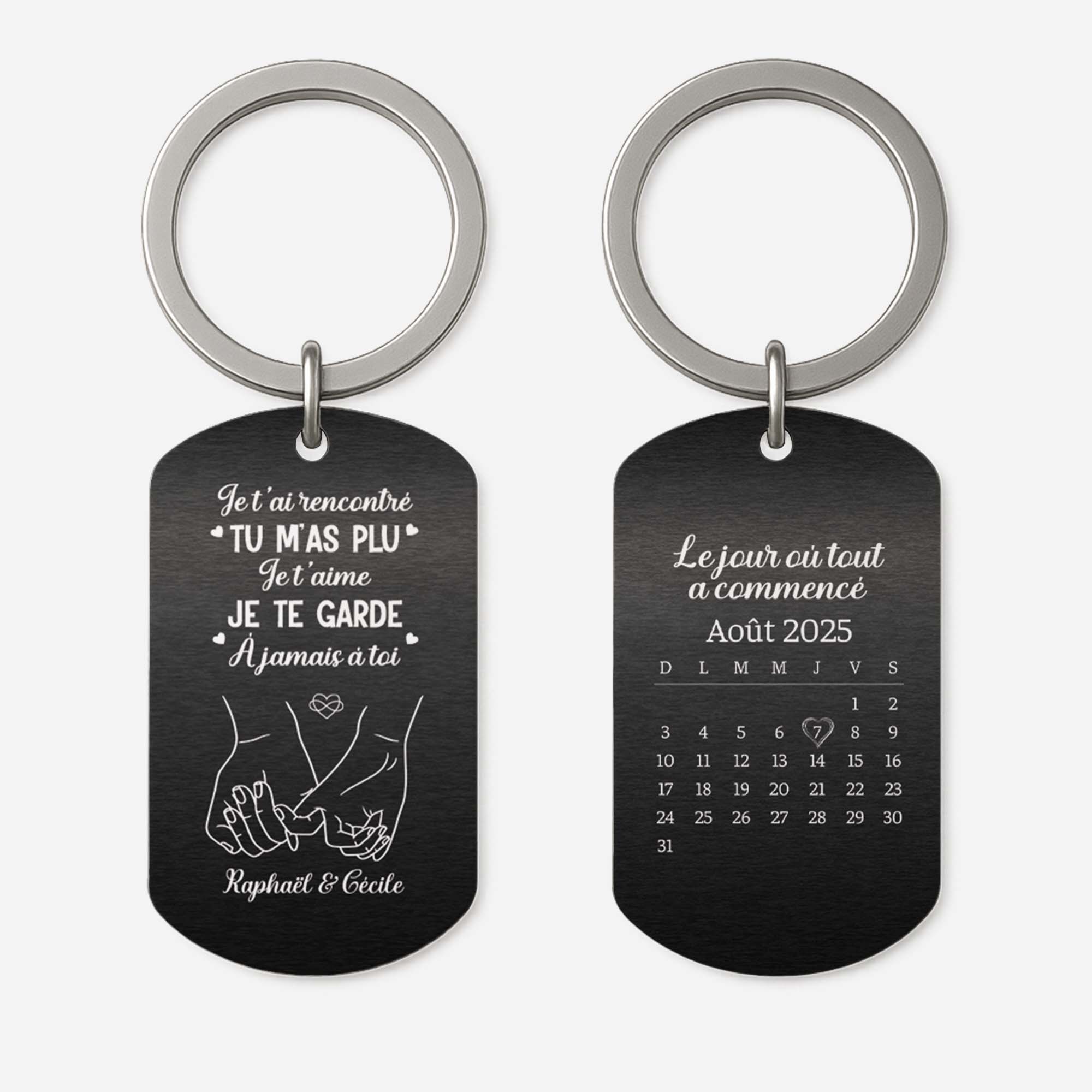 5616JFR1 porte cle aluminium personnalise couple je taime je te garde avec calendrier 5616j8lcg