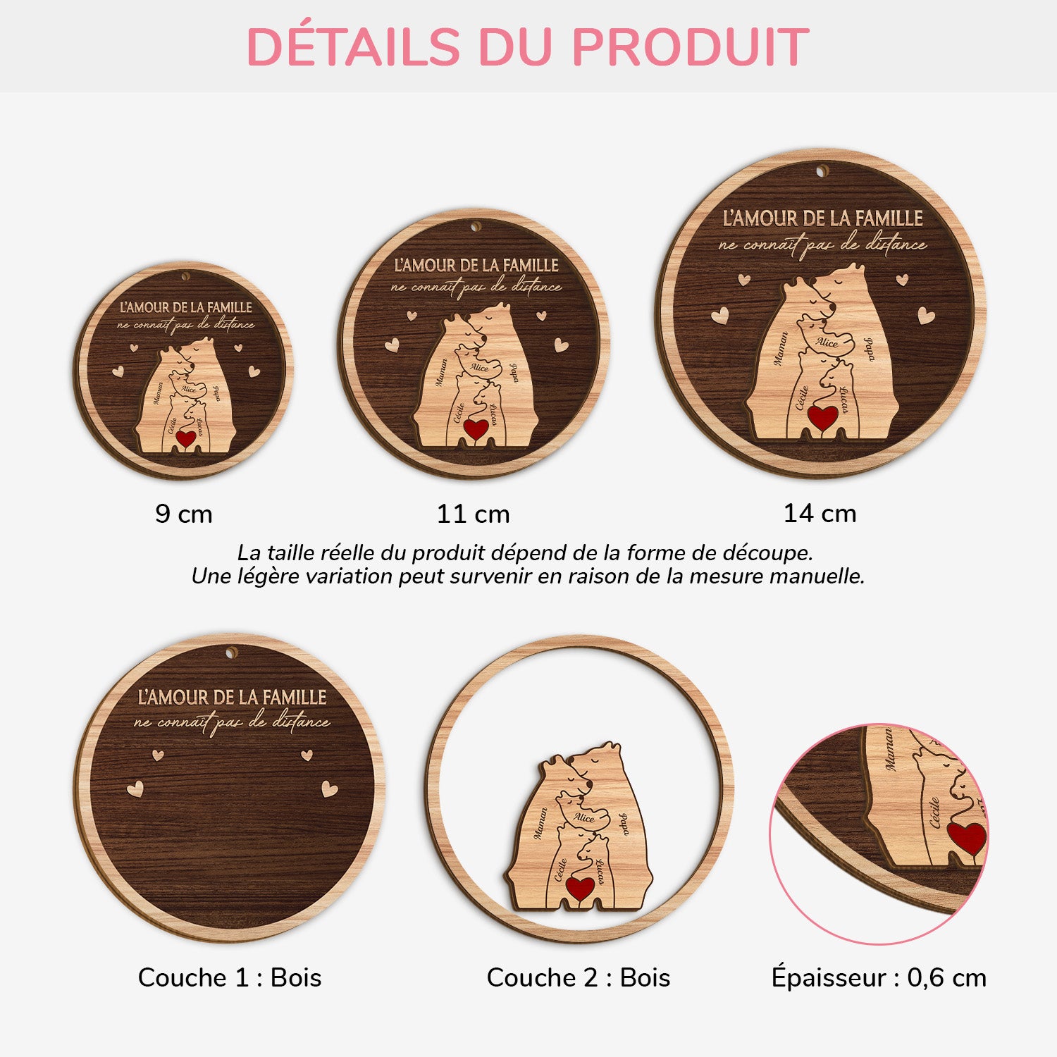 5617OFR3 ornement noel en bois a 2 couches personnalise l_amour de la famille ours 5617o6qti