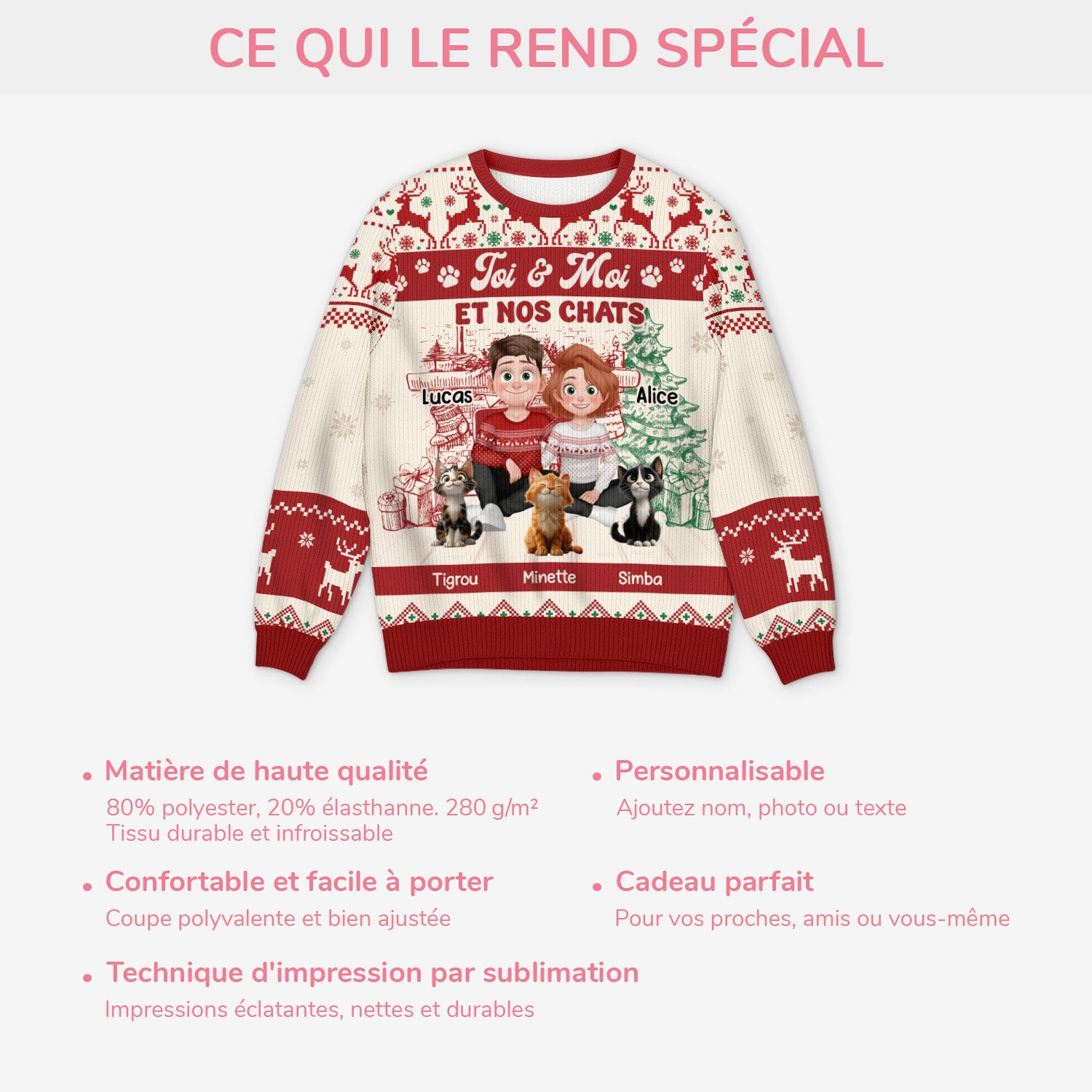 5646WFR5 pull moche de noel personnalise couple le couple et leur chat 5646wtmmd