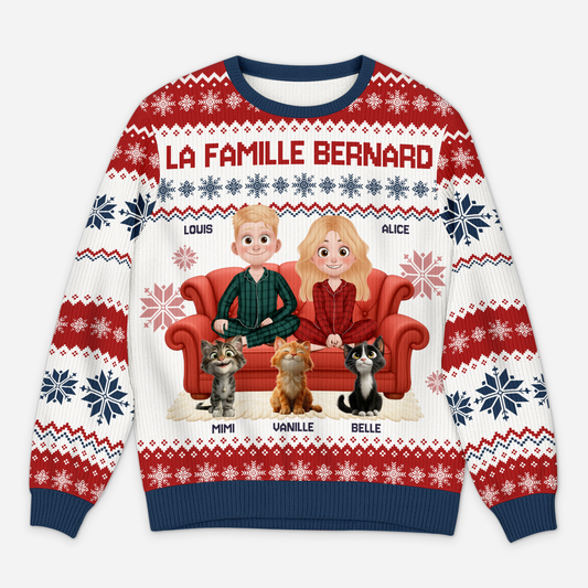 5649WFR1 pull moche de noel personnalise couple toi moi et notre chat version salon 5649w8hzd
