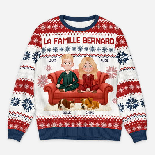 5649WFR1 pull moche de noel personnalise la famille avec son chien 5649w8hzc