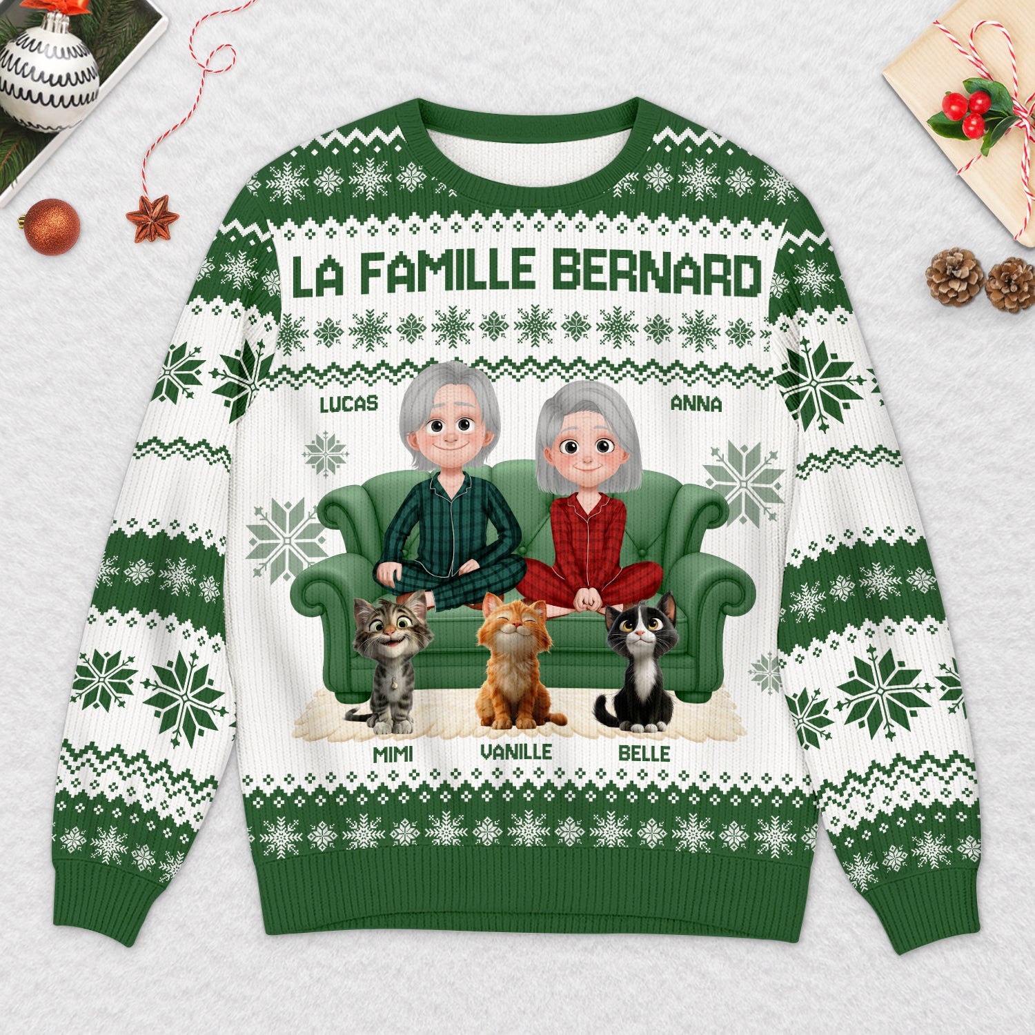 Pull Moche De Noël Personnalisé La Famille Avec Son Chat