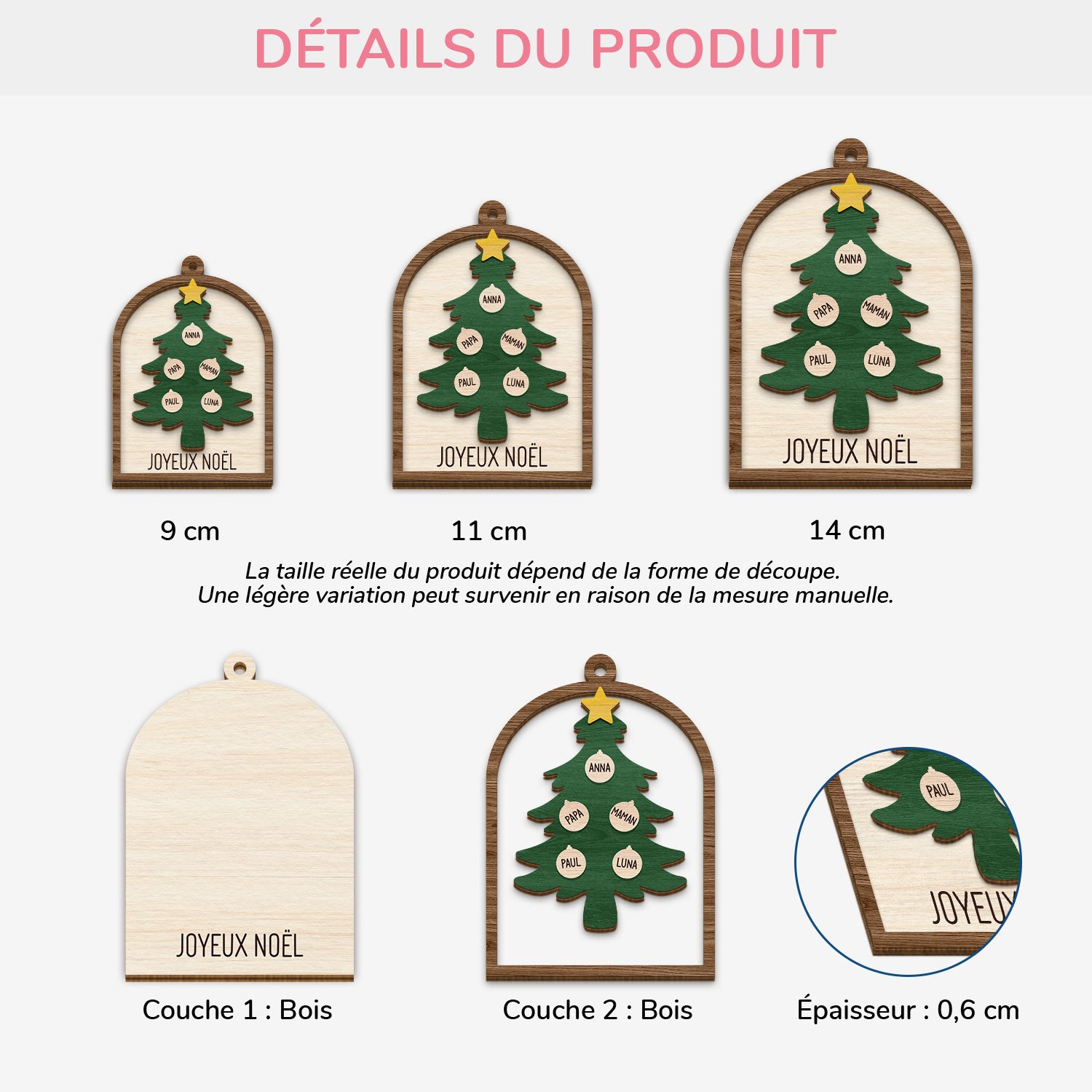 5654OFR3 ornement noel en bois a 2 couches personnalise famille boule pour sapin avec prenom 5654okmzi