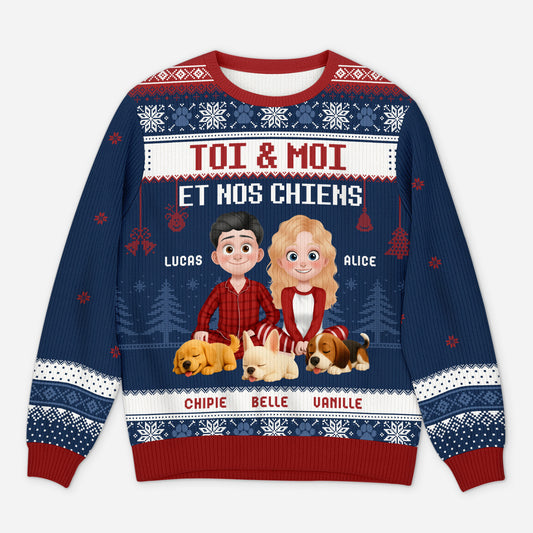 5658WFR1 pull moche de noel personnalise couple toi moi et notre chien version la nuit 5658w3qmc
