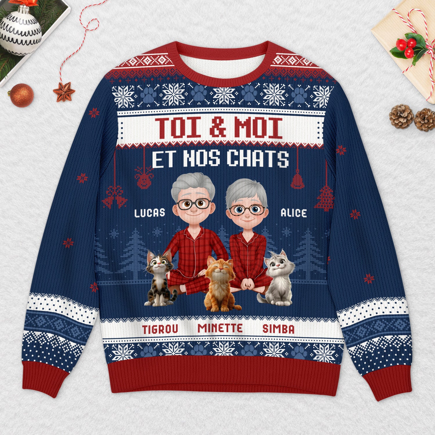 5658WFR2 pull moche de noel personnalise couple toi moi et notre chat version la nuit 5658w3qmd