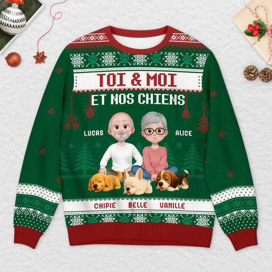5658WFR2 pull moche de noel personnalise couple toi moi et notre chien version la nuit 5658w3qmc