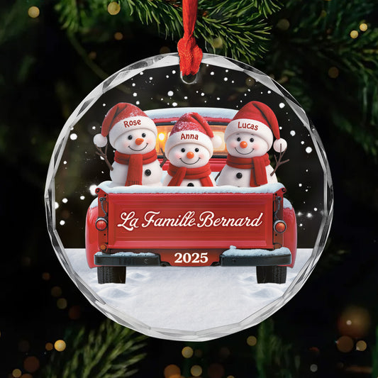 5659OFR1 ornement noel en verre personnalise famille bonhomme de neige en voiture 5659otvzi