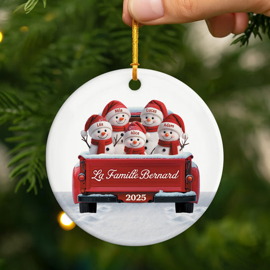 5659OFR2 ornement noel ceramique personnalise famille bonhomme de neige en voiture 5659otvzic