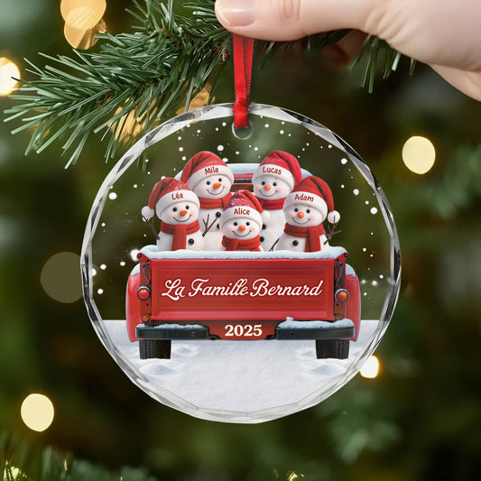 5659OFR2 ornement noel en verre personnalise famille bonhomme de neige en voiture 5659otvzi