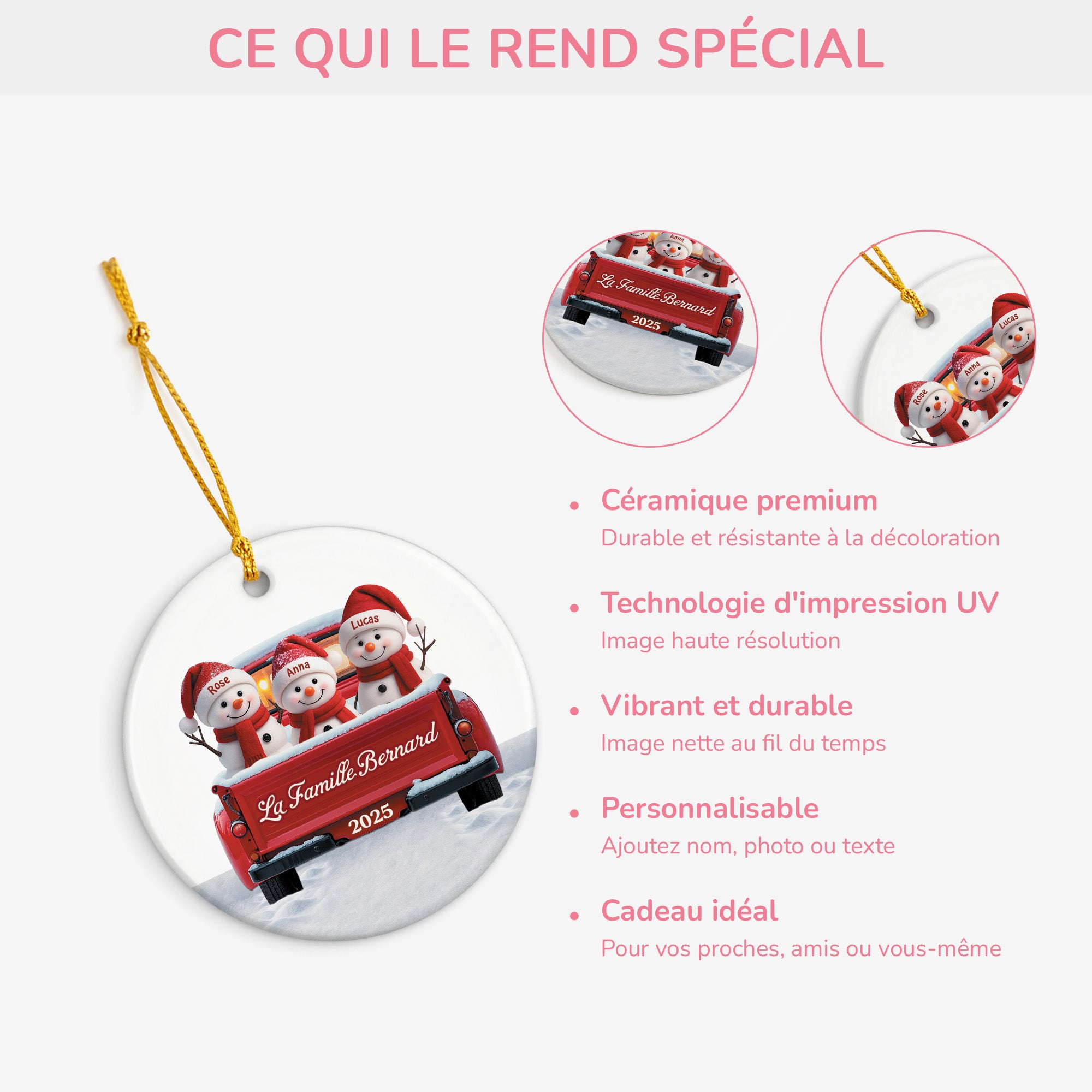 5659OFR4 ornement noel ceramique personnalise famille bonhomme de neige en voiture 5659otvzi