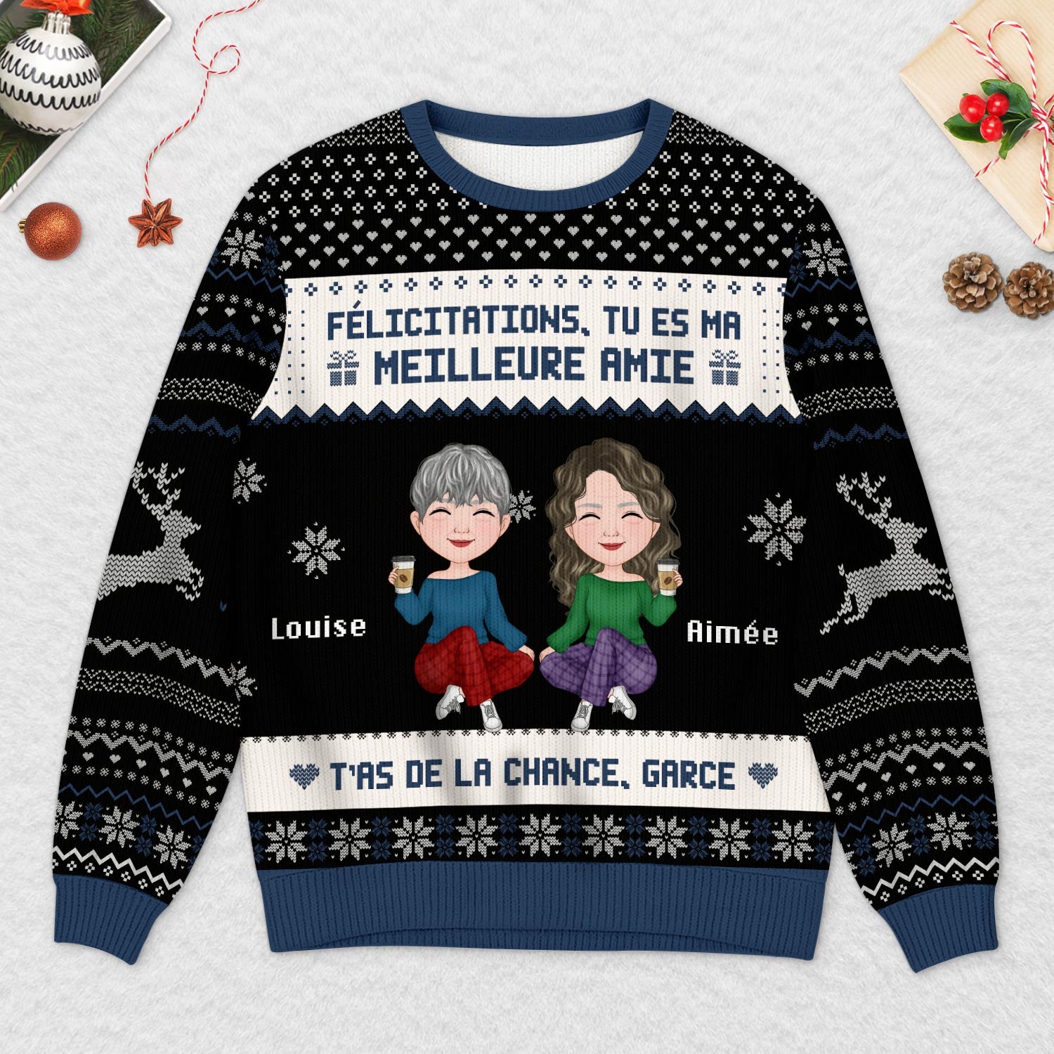 5661WFR2 pull moche de noel personnalise drole pour femme felicitations meilleure amie version cartoon 5661wkkaf