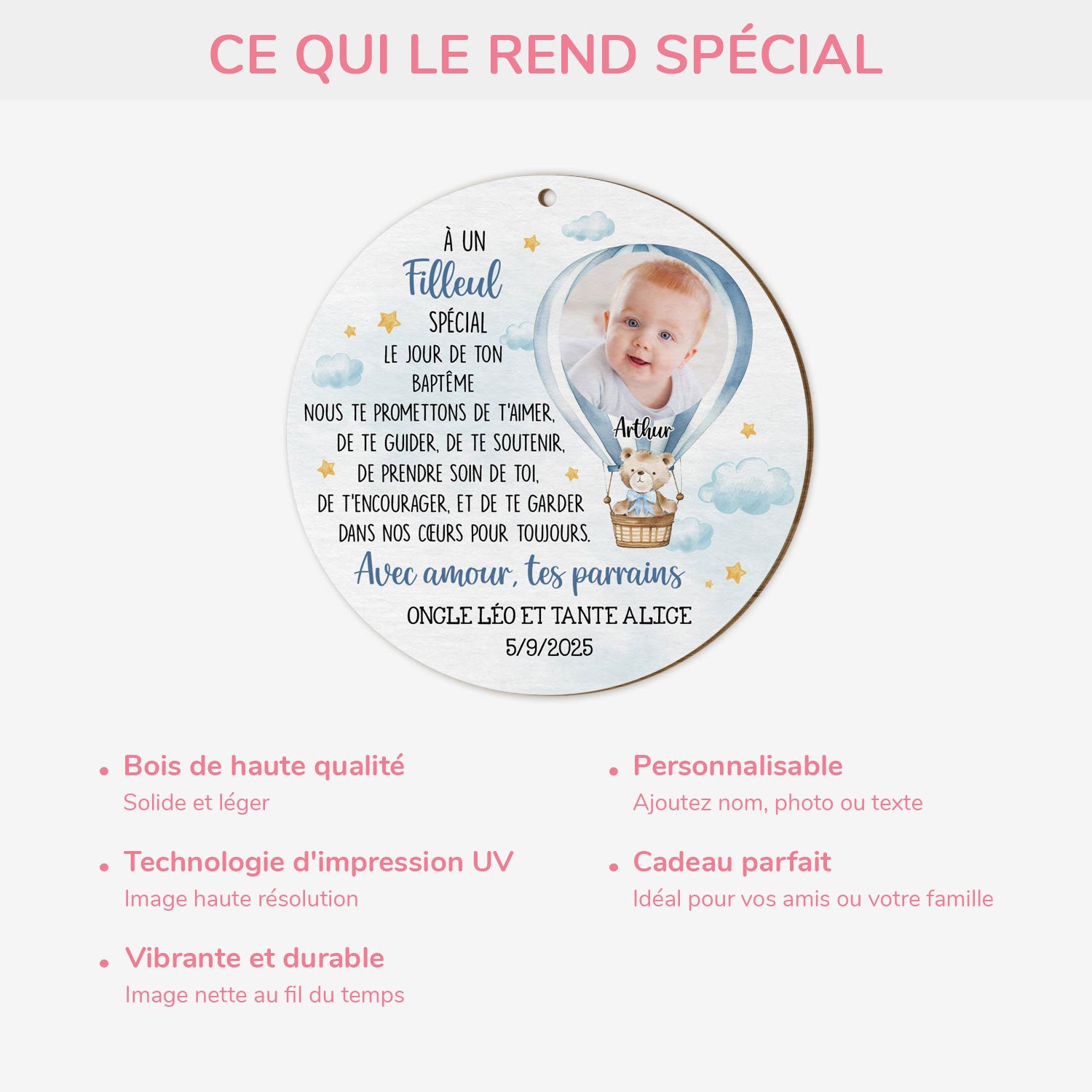 5670OFR4 ornement noel en bois a 1 couche personnalise enfant avec photo le jour de ton bapteme 5670o6hak