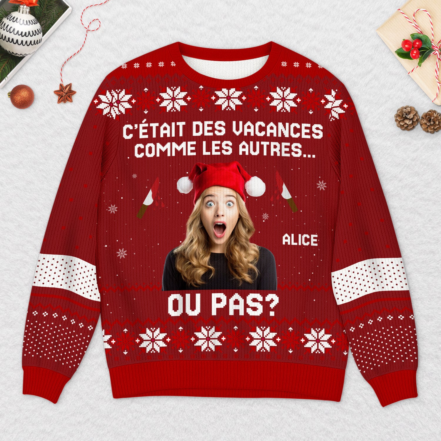 5698WFR2 pull moche de noel personnalise humour noir avec photo vacances comme les autres 5698wkvcb
