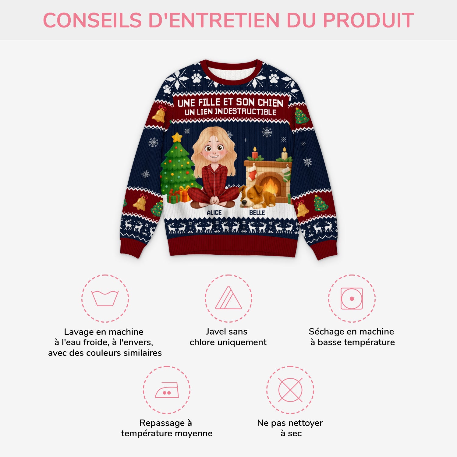 5706WFR4 pull moche de noel personnalise une fille et son chien 5706wtmzc