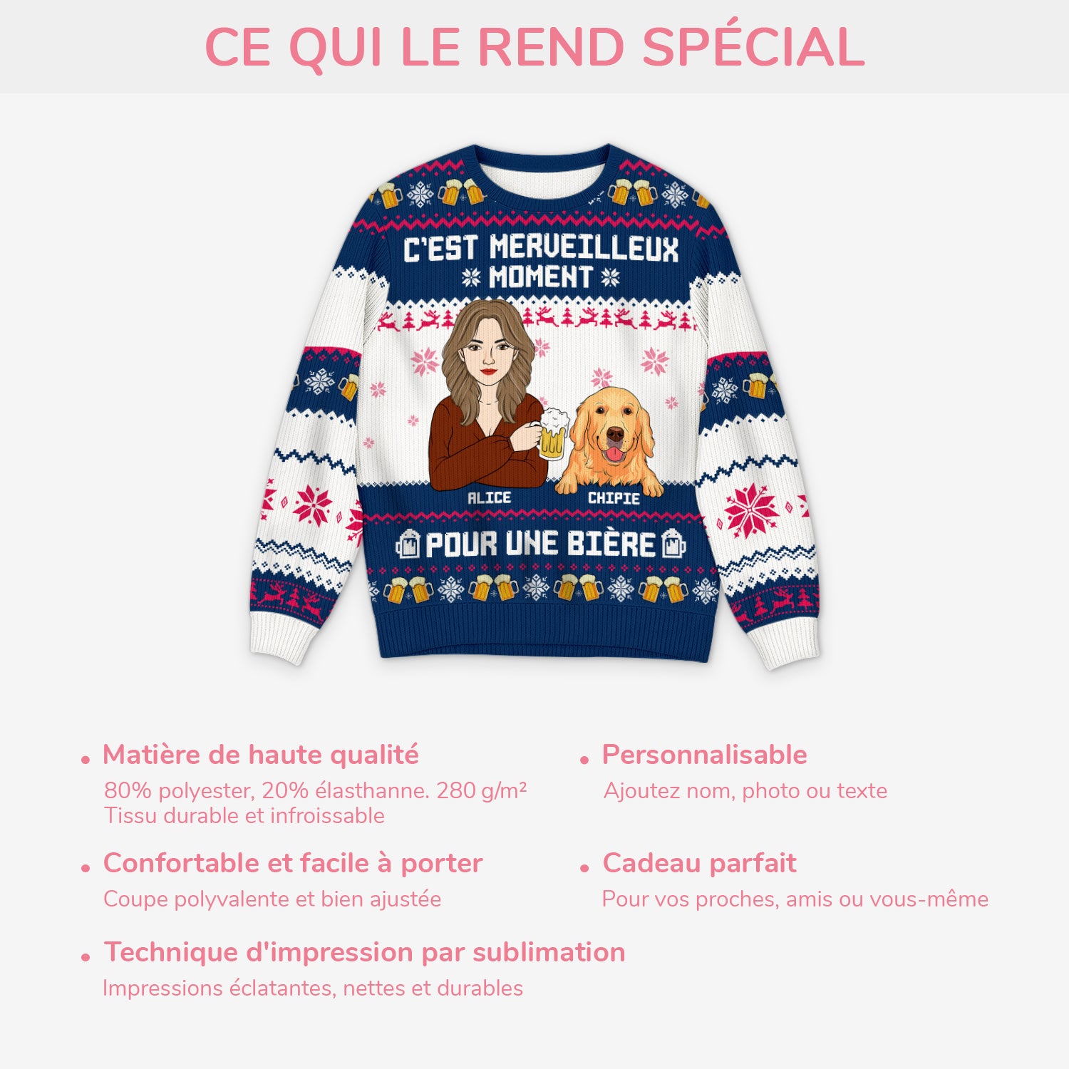 Pull De Noël Personnalisé Femme - Ton Visage Ou Ton Animal Sur Un Pull Moche Marrant - Col Haut, Tailles S à 2XL - Cadeau Original Pour Elle