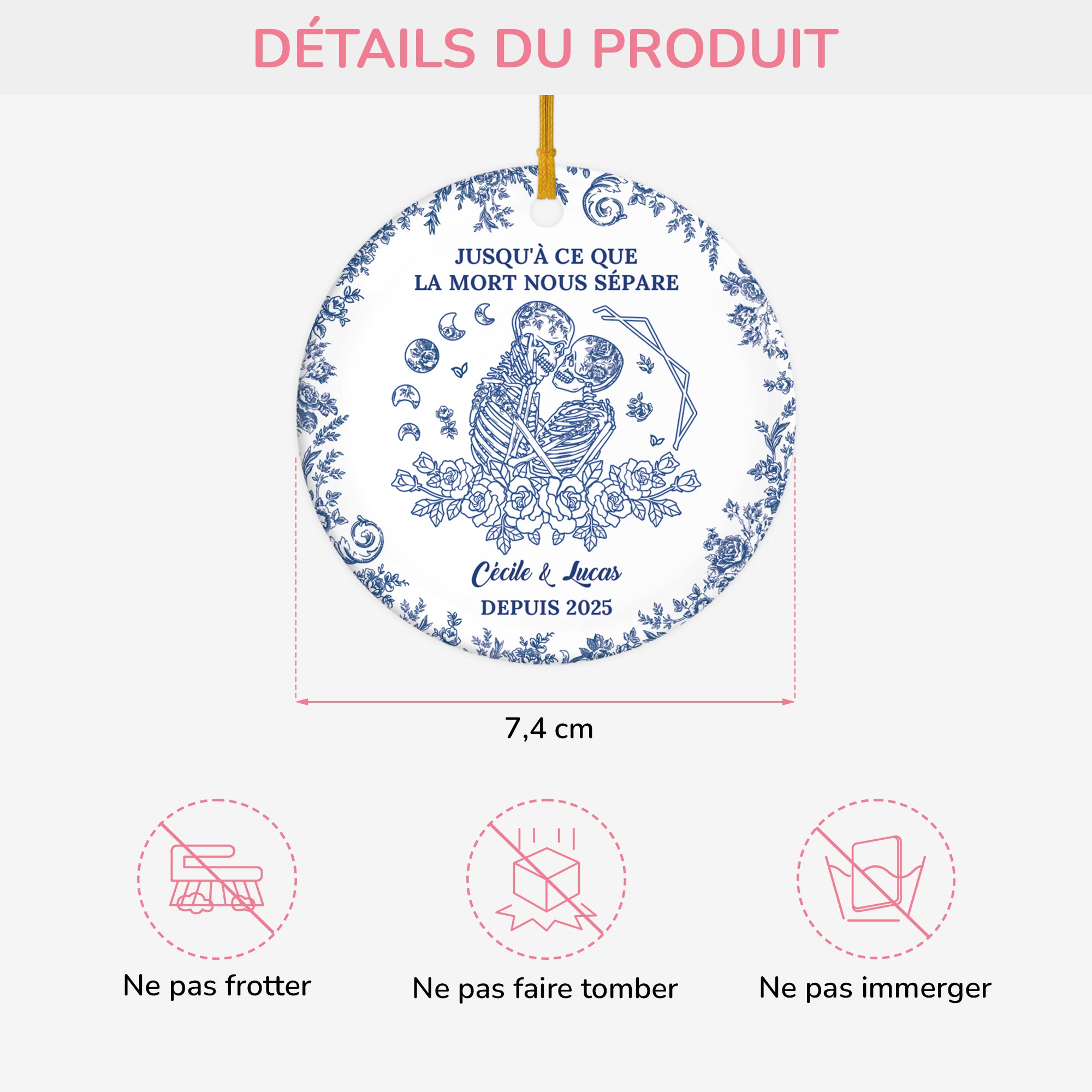 5739OFR3 ornement ceramique personnalise de noel jusqua ce que la mort nous separe style toile bleue 5739o6ung