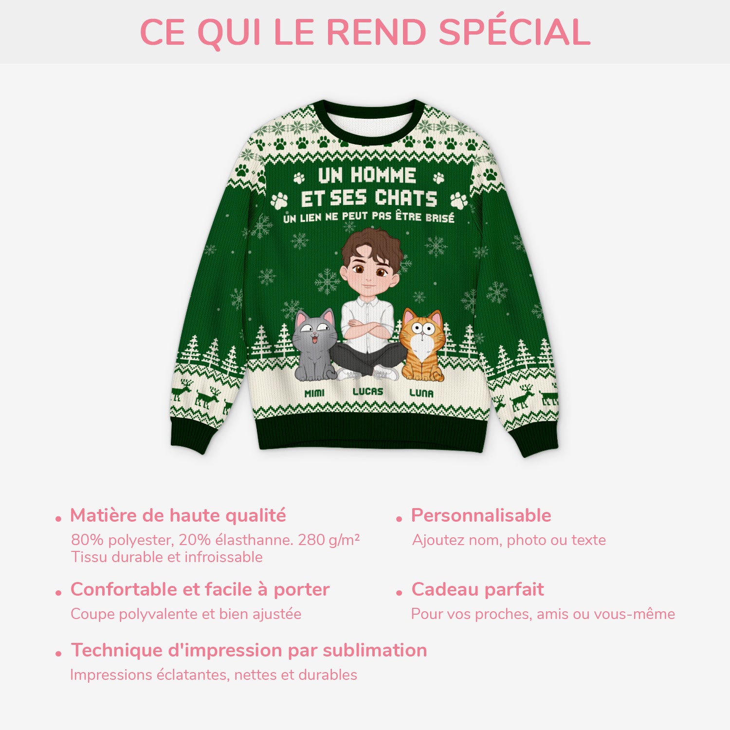 5763WFR5 pull moche de noel personnalise le lien entre une fille et son chat 5763w8wtd