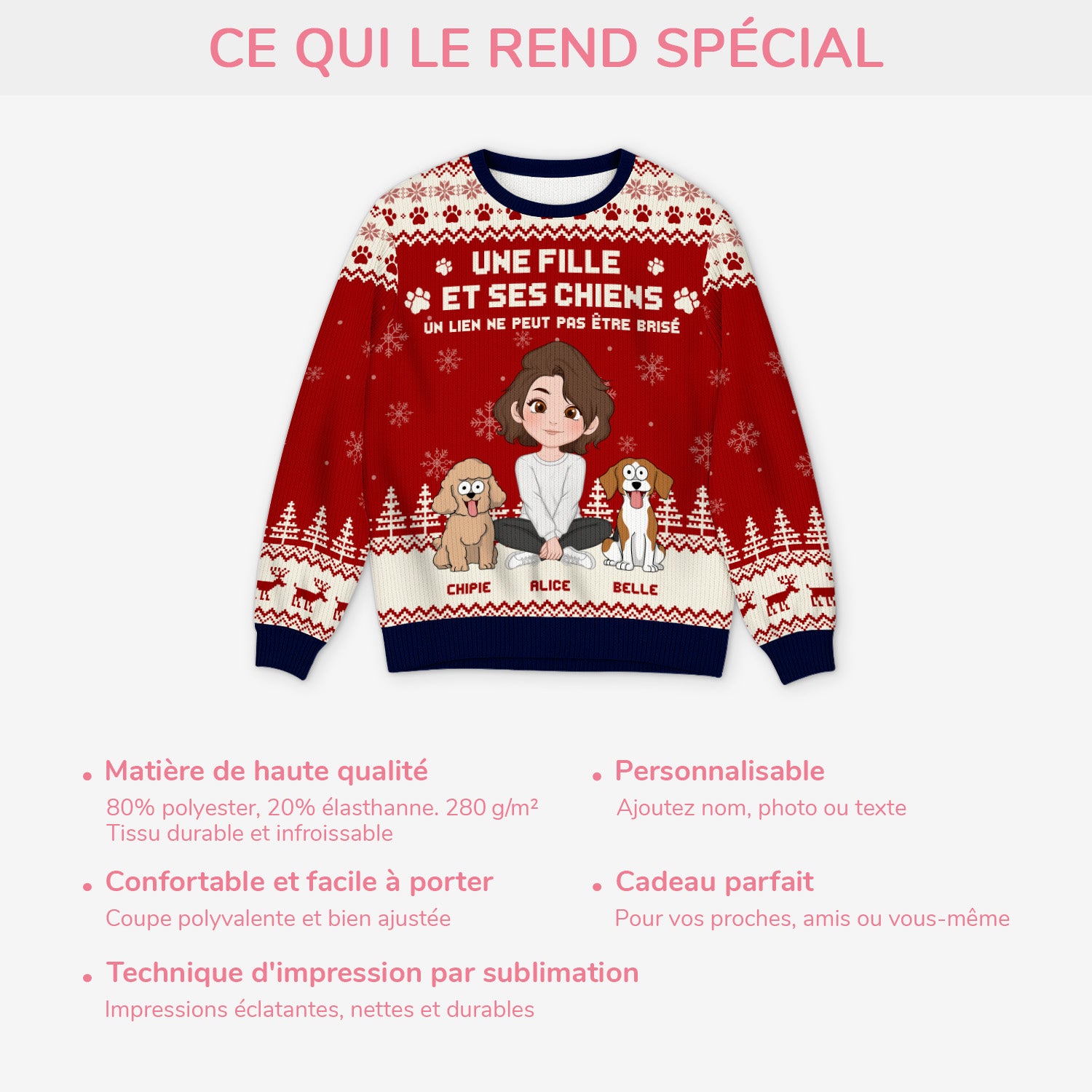 5763WFR5 pull moche de noel personnalise le lien entre une fille et son chien 5763w8vtc