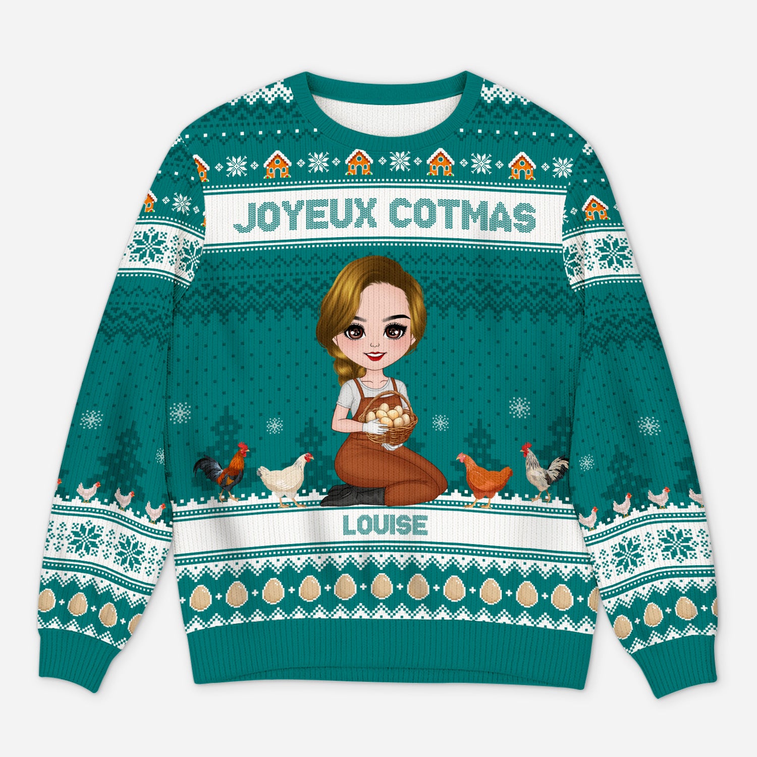 5777WFR1 pull moche de noel poulet personnalise joyeux cotcot noel 5777w3tma