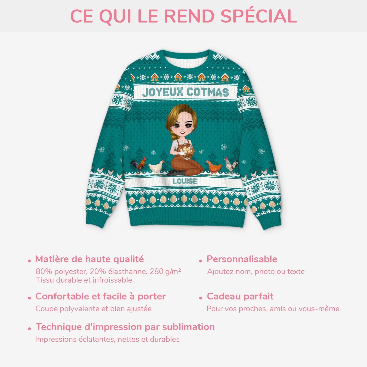 5777WFR5 pull moche de noel poulet personnalise joyeux cotcot noel 5777w3tma
